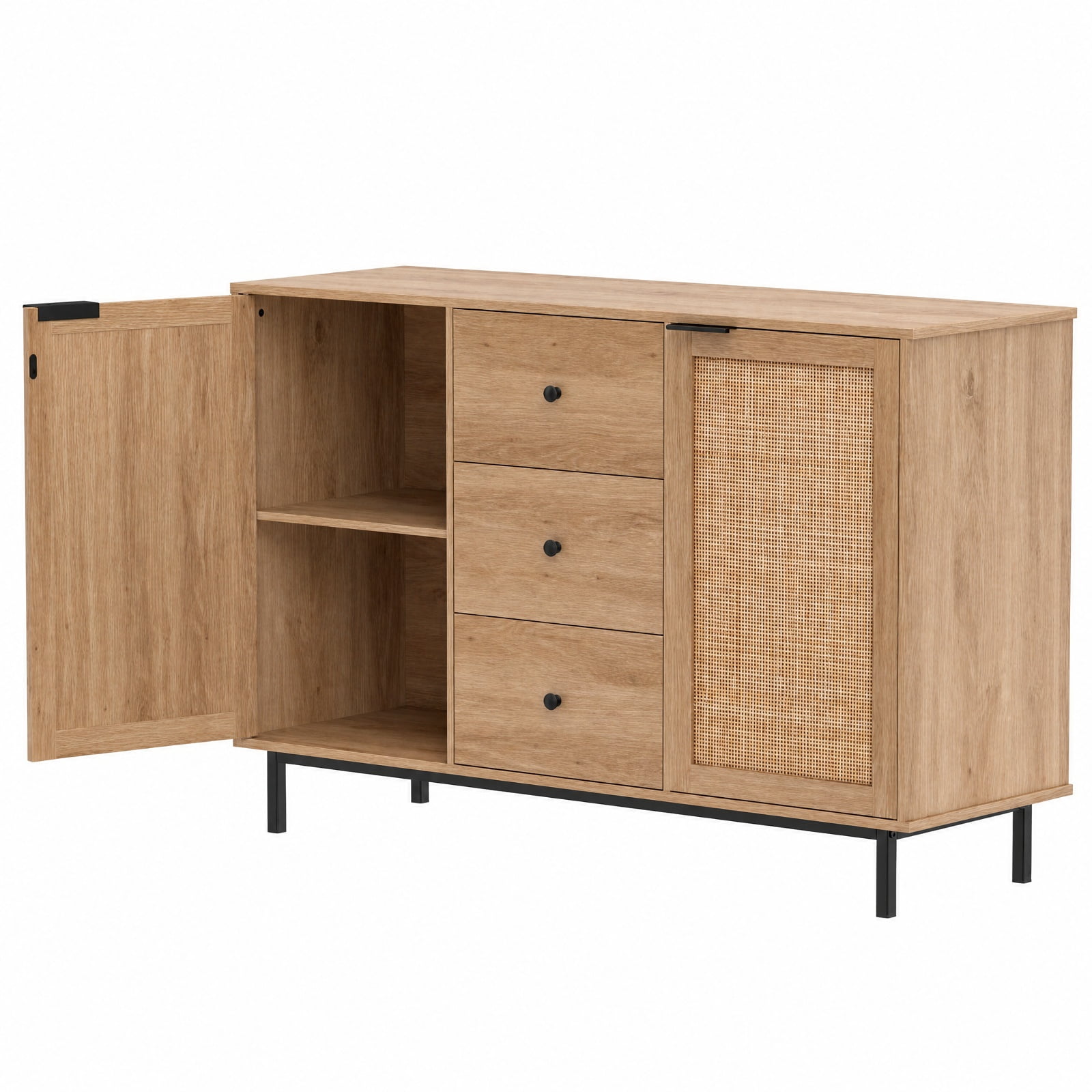 Furnibear Sideboard Buffet Cabinet Rustic Farmhouse Coffee Bar Table with 2 Rattan Doors and 3 Drawers for Kitchen Dining Living Room Buffet, Natural