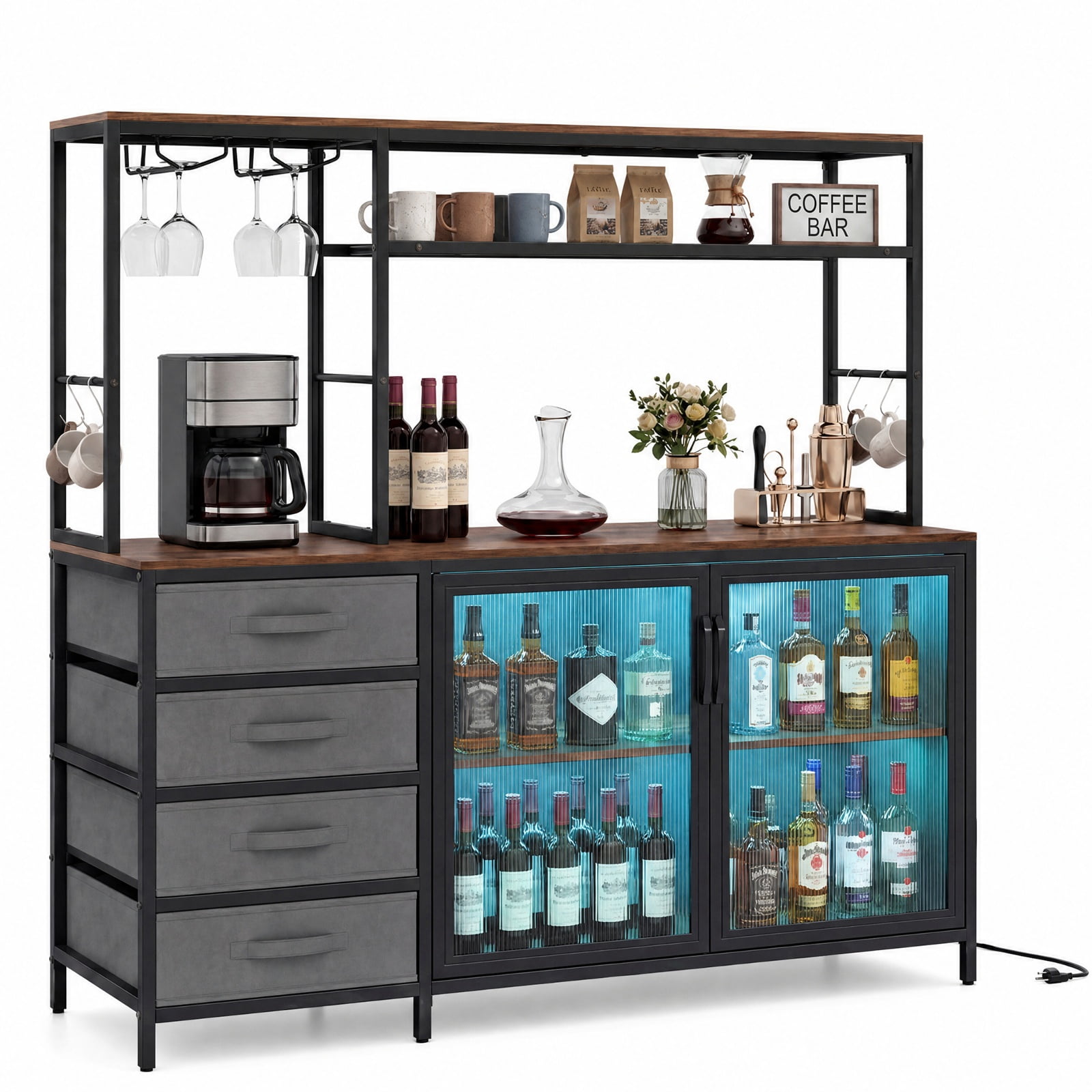 Furnibear Sideboard Buffet Cabinet with LED Lights 55 inch Coffee Table with Power Outlets for Kitchen Dining Living Room Buffet, Rustic Brown
