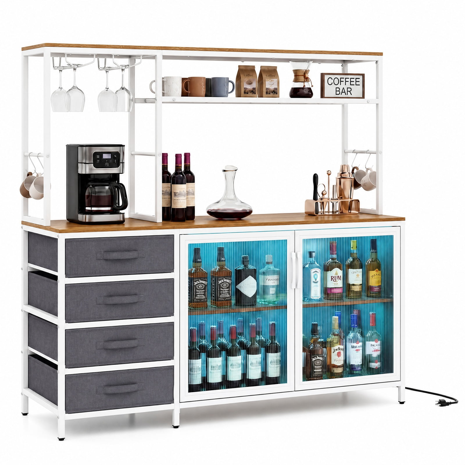 Furnibear Sideboard Buffet Cabinet with LED Lights 55 inch Coffee Table with Power Outlets for Kitchen Dining Living Room Buffet Storage, Natural