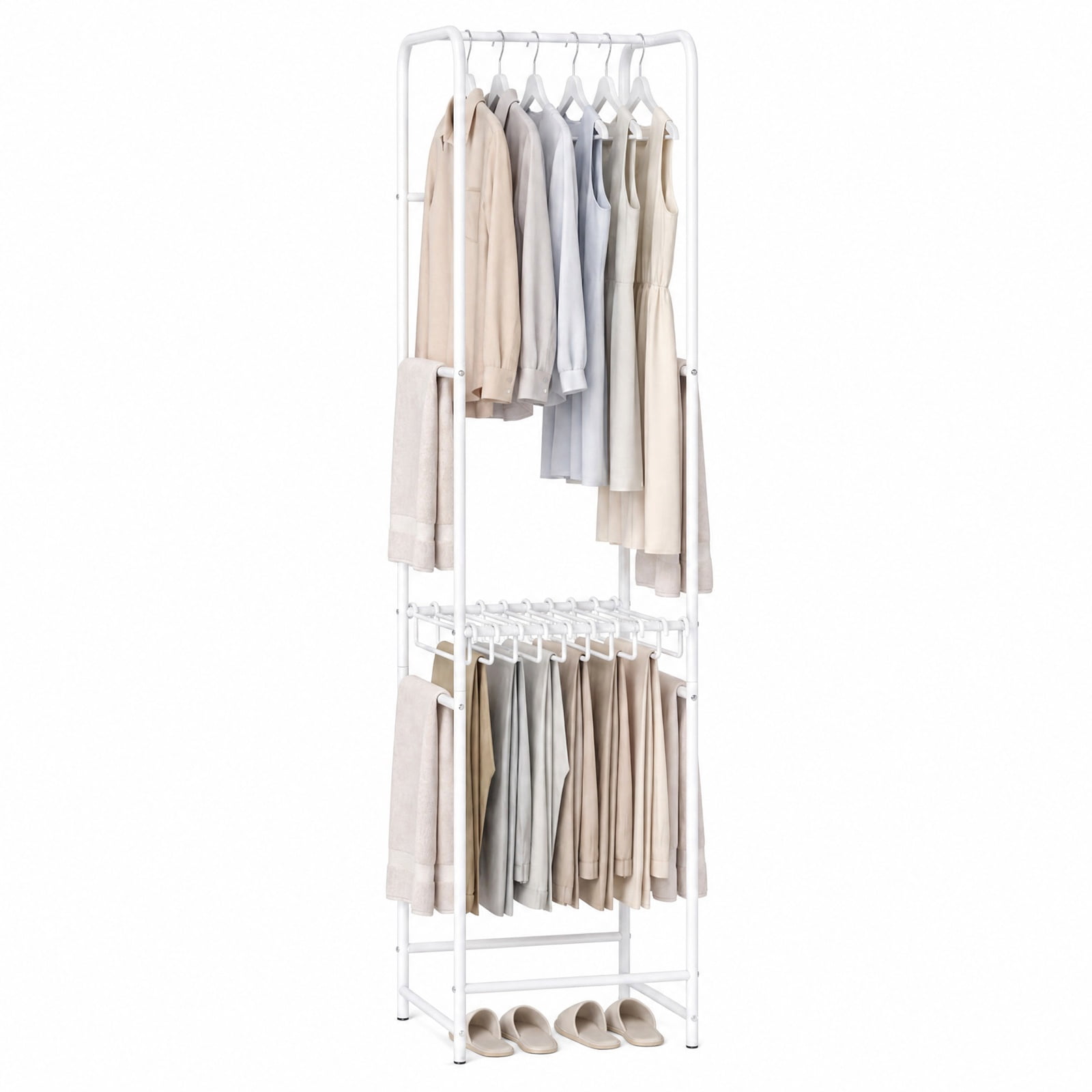 Furnibear Slim 63 Inch Freestanding Coat Rack Stand Garment Organizer with 8 Hanging Rods and 10 Detachable Pants Hangers for Bedroom Closet, White