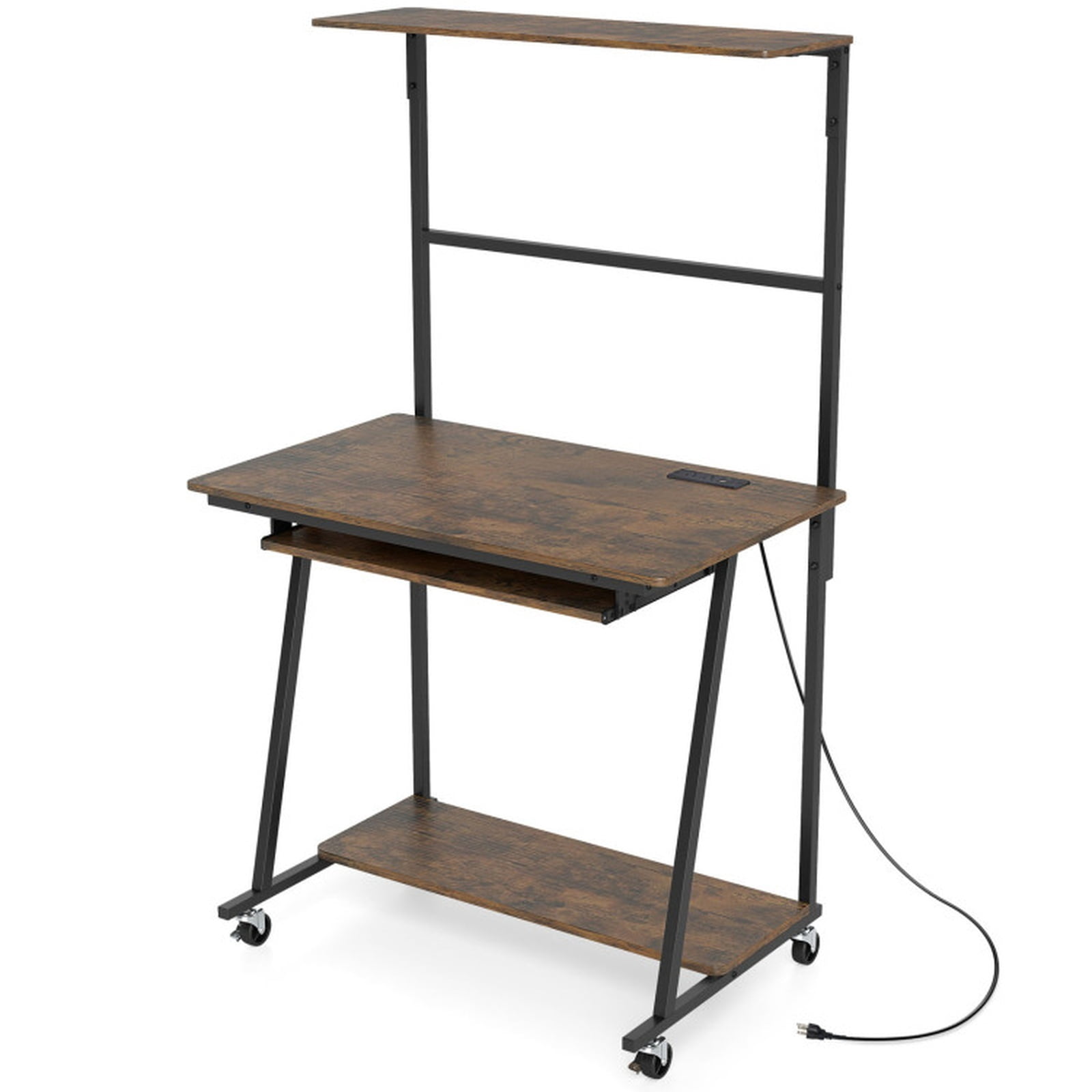 Furnibear Small Computer Desk with Charging Station, Rolling Home Office Desk with LED Lights and 4-Tier Storage for Bedroom Dorm, Rustic Brown