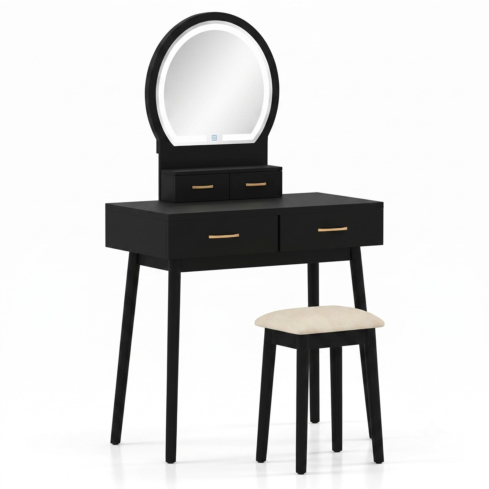Furnibear Small Vanity Desk Set With LED Lighted Mirror and Cushioned Stool, Compact Makeup Dressing Table With 4 Drawers, Black