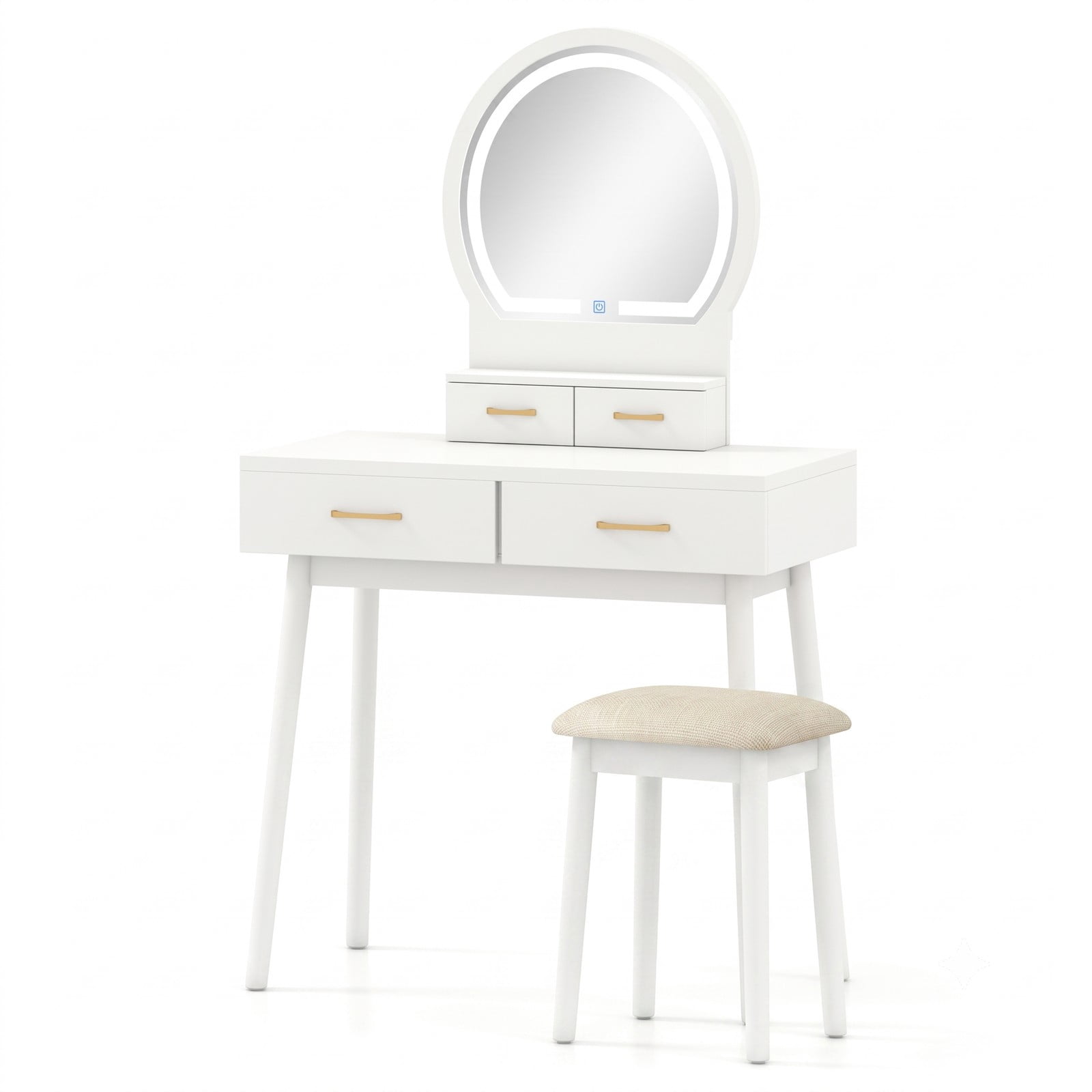 Furnibear Small Vanity Desk Set With LED Lighted Mirror and Cushioned Stool, Compact Makeup Dressing Table With 4 Drawers, White