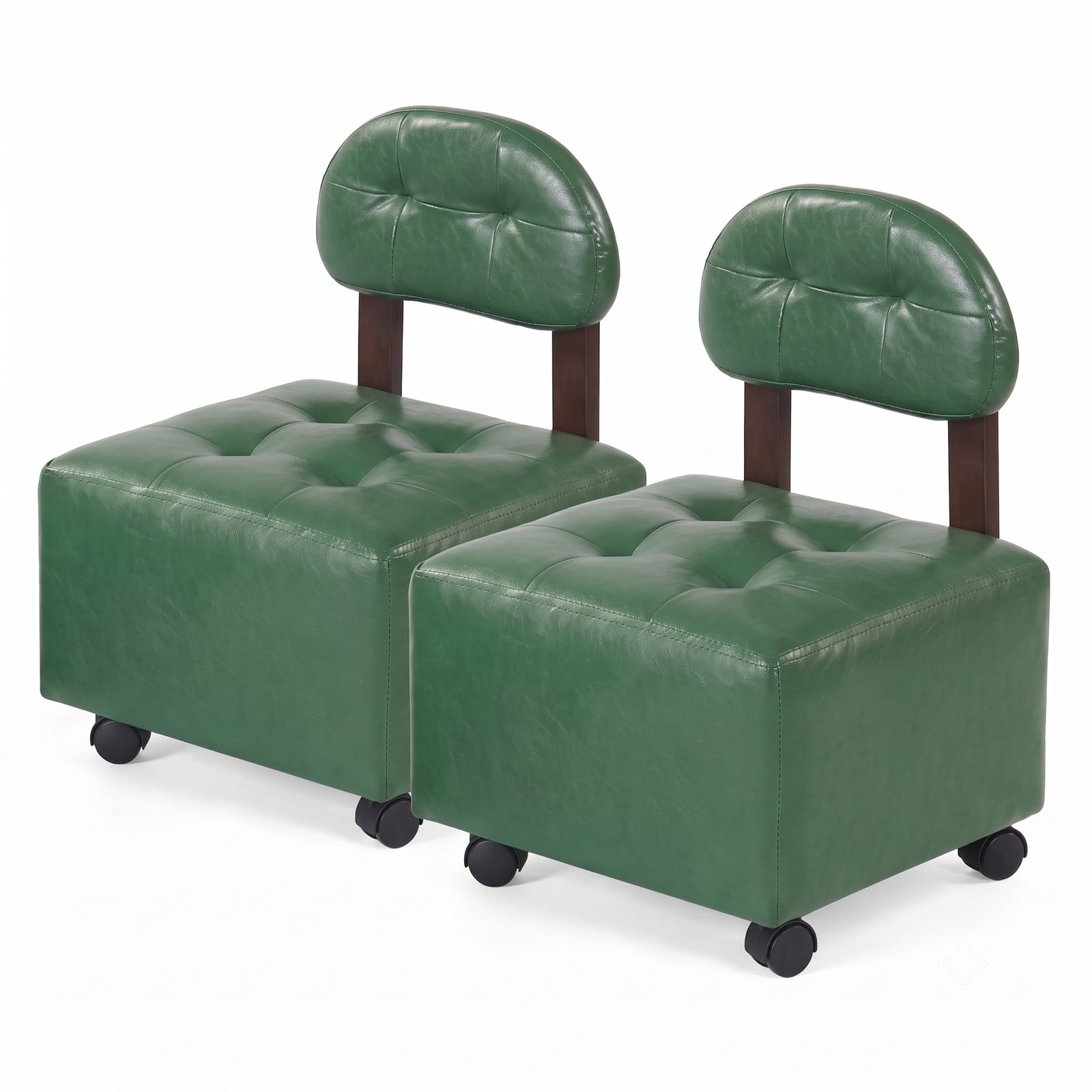 Furnibear Small Rolling Footrest Stool Set of 2 with Lockable Swivel Wheels, Faux Leather Backrest Footstool Ottoman for Living Room Bedroom Entryway, 330 lbs, Green
