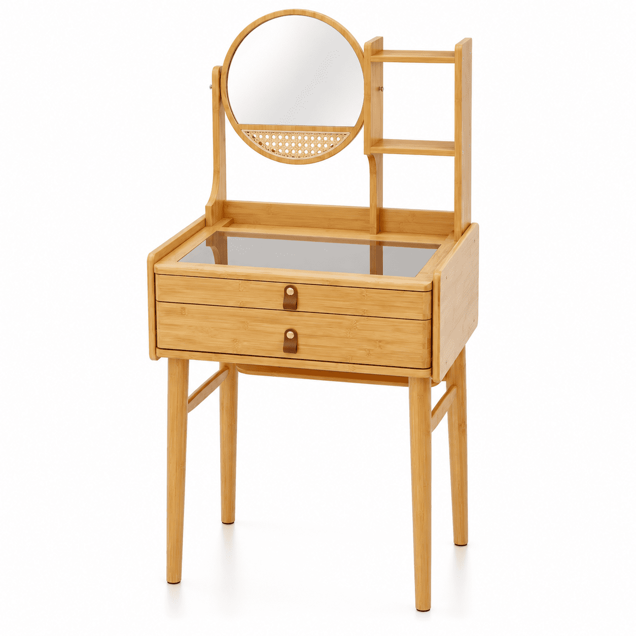 Furnibear Small Vanity Desk 23.5 Inch Compact Makeup Table with Mirror and Bamboo Storage Shelves for the Bedroom, Natural
