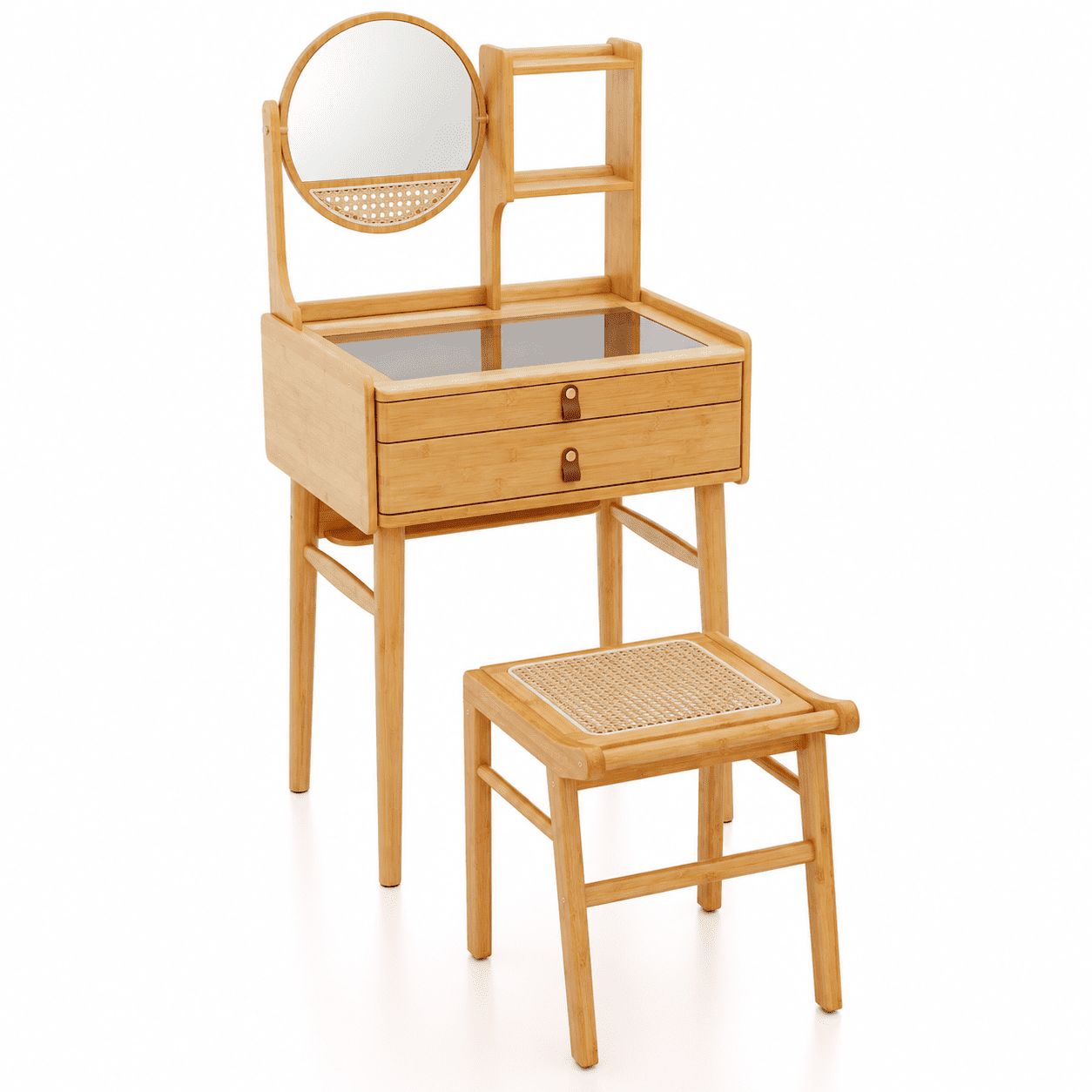 Furnibear Small Vanity Desk and Stool Set with Rotating Mirror and 2 Drawers, Bamboo Makeup Dressing Table with 3 Shelves for Small Bedroom, Natural