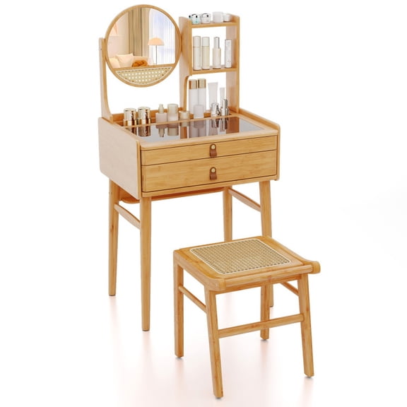 Furnibear Small Vanity Desk and Stool Set with Mirror and 2 Drawers for Bedroom Makeup Room, Natural
