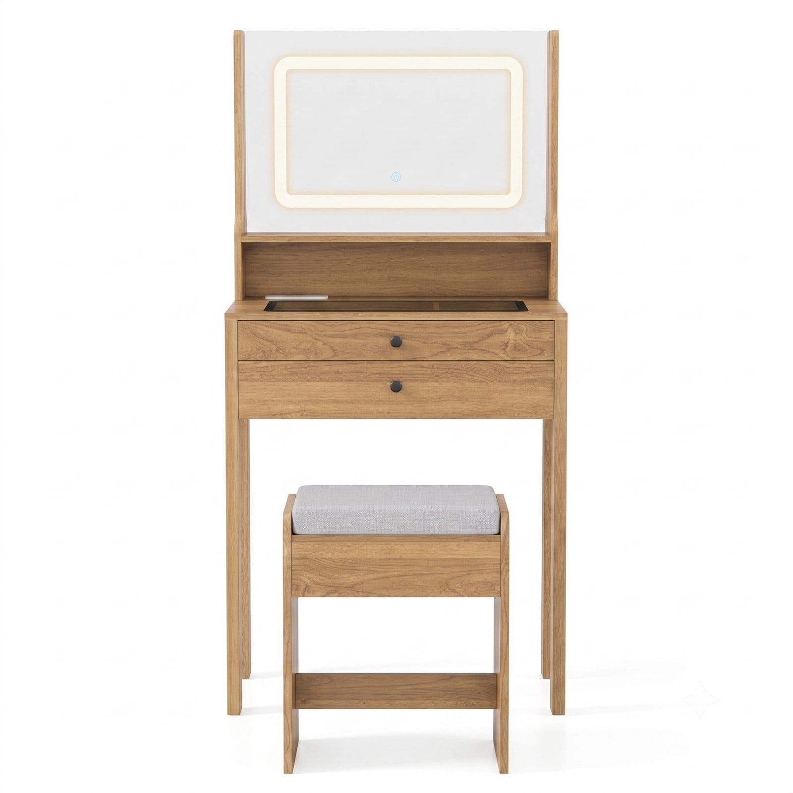 Furnibear Small Vanity Desk with 3 Mode Lighted Mirror and Charging Outlets and Cushioned Storage Stool for Small Bedroom and Makeup, Natural