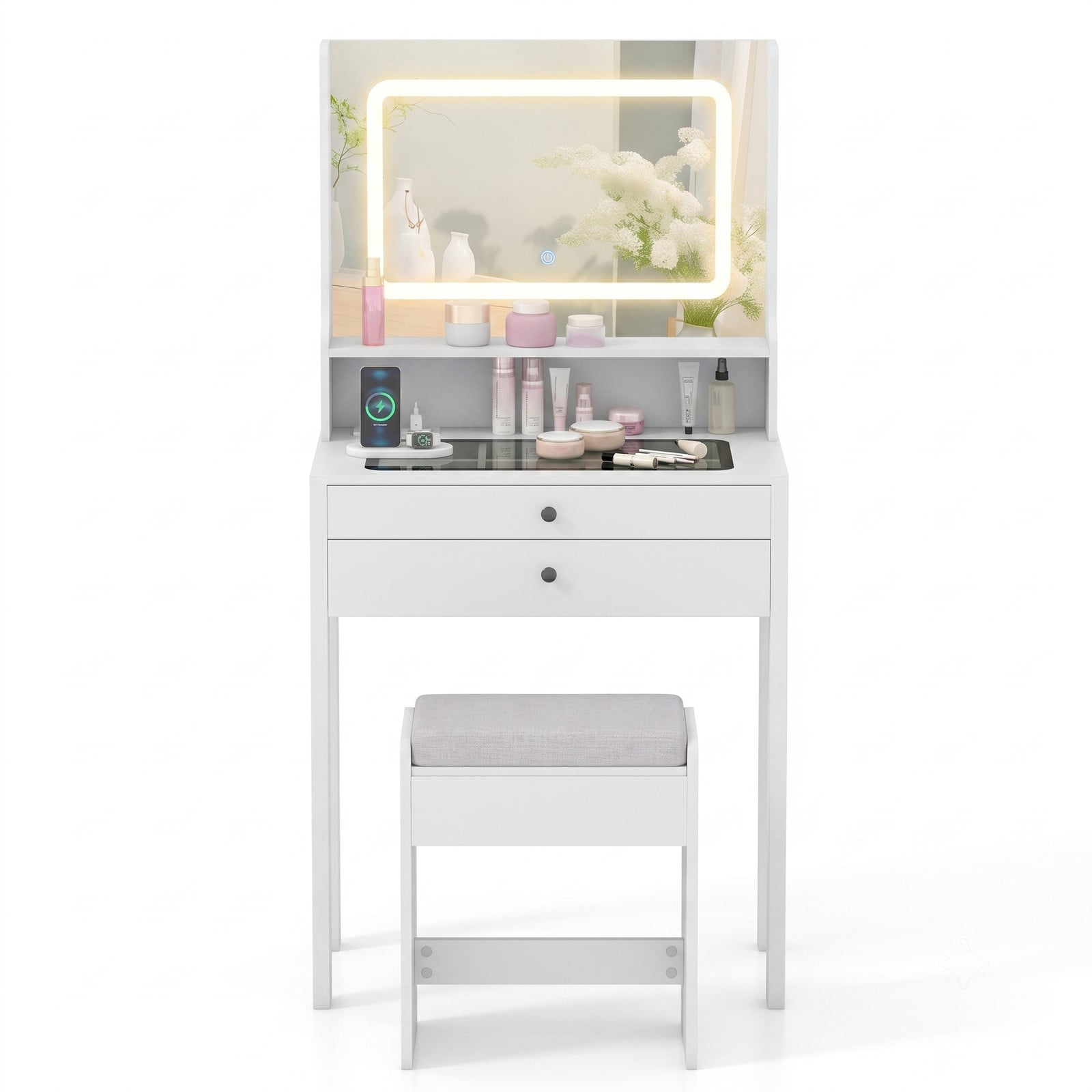 Furnibear Small Vanity Desk with Mirror and Lights, Compact Makeup Vanity Table with Power Outlets, 2 Drawers and Cushioned Stool for Bedroom, White