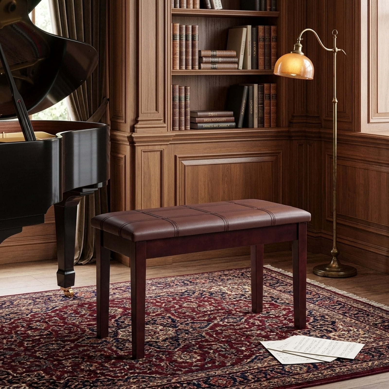 Furnibear Solid Wood Duet Piano Bench with PU Leather Padded Seat and Under Seat Storage for Two Players Keyboard Music Studio Home, Brown