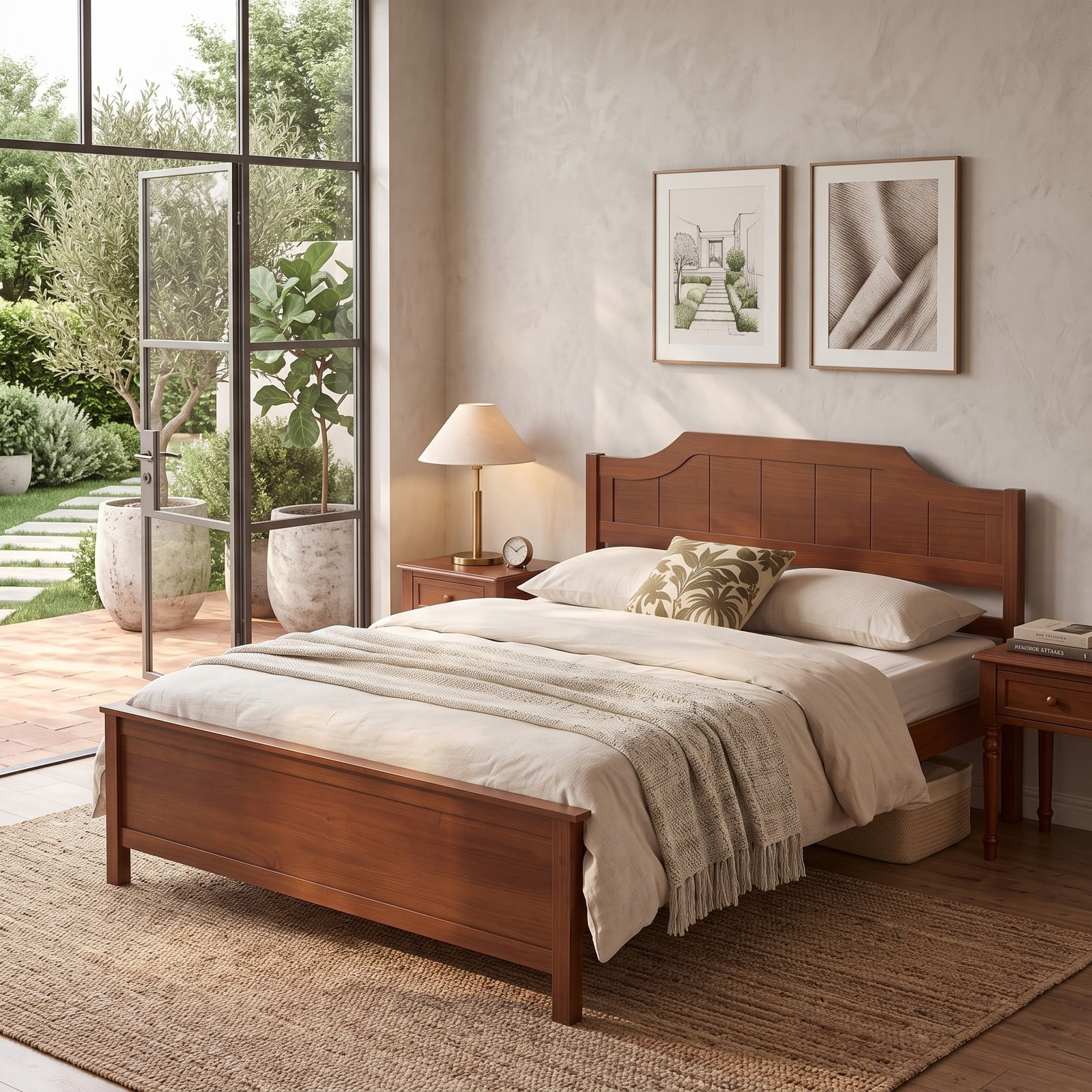 Furnibear Full Size Bed Frame Solid Wood Platform Bed with Arched Headboard and Slat Support, No Box Spring Needed, Walnut