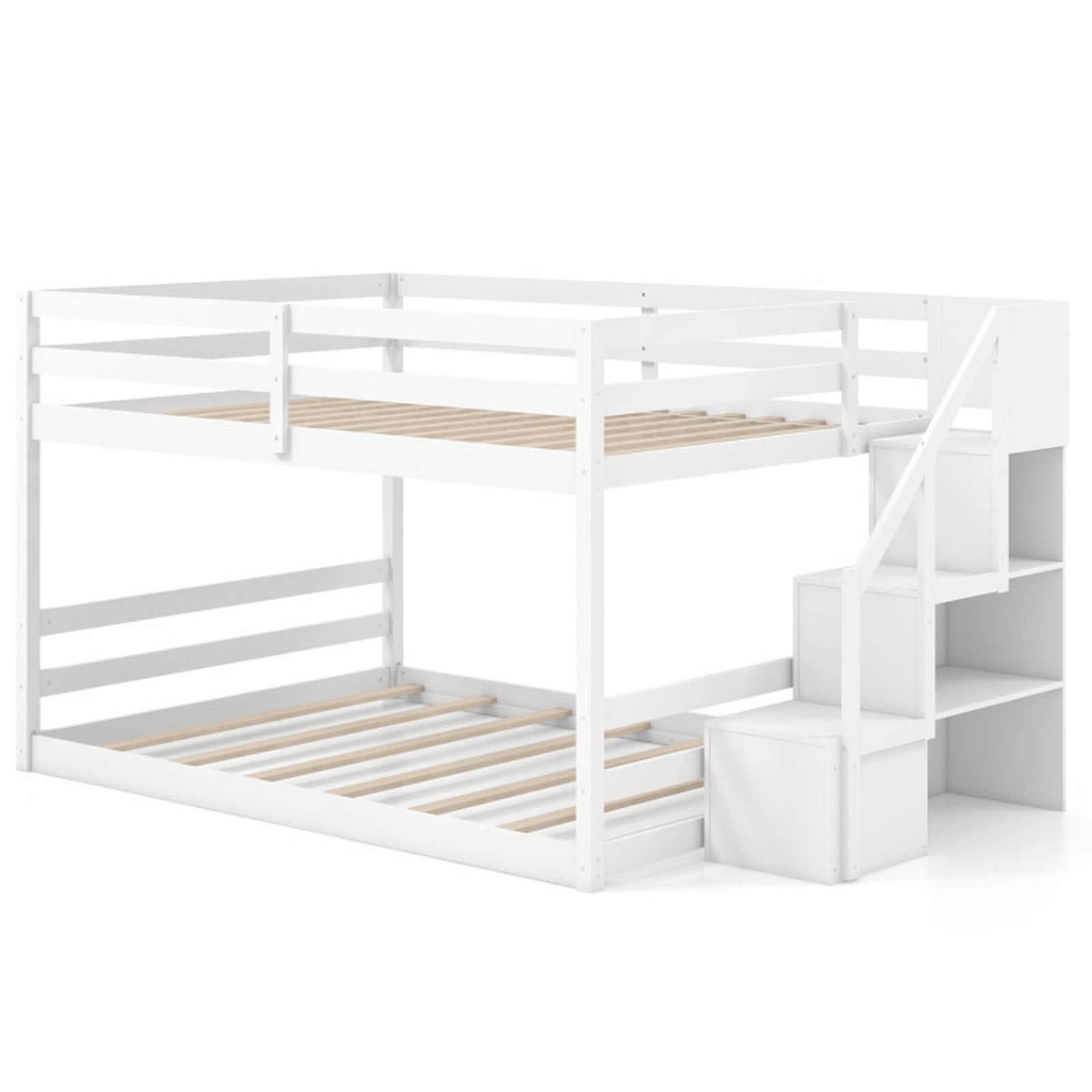 Furnibear Solid Wood Full Over Full Low Bunk Bed with Storage Stairs and Headboard for Kids Bedroom Platform Sleep Space, White