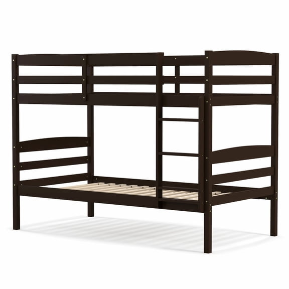 Furnibear Solid Wood Twin Over Twin Bunk Bed Frame with High Guardrails and Integrated for Master Bedroom Loft Beds and Vacation Homes, Espresso