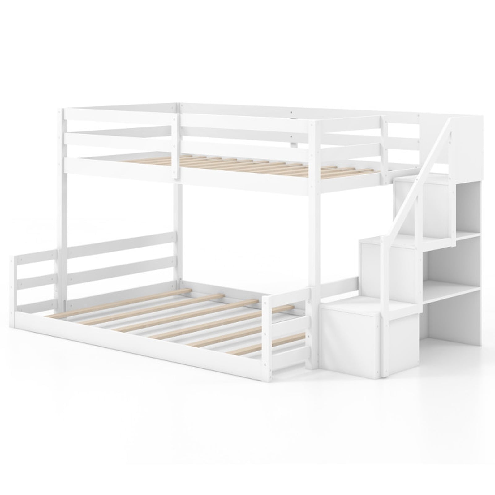 Furnibear Solid Wood Twin Over Full Low Bunk Bed with Storage Stairs and Headboard for Kids Bedroom Platform Sleep Space, White