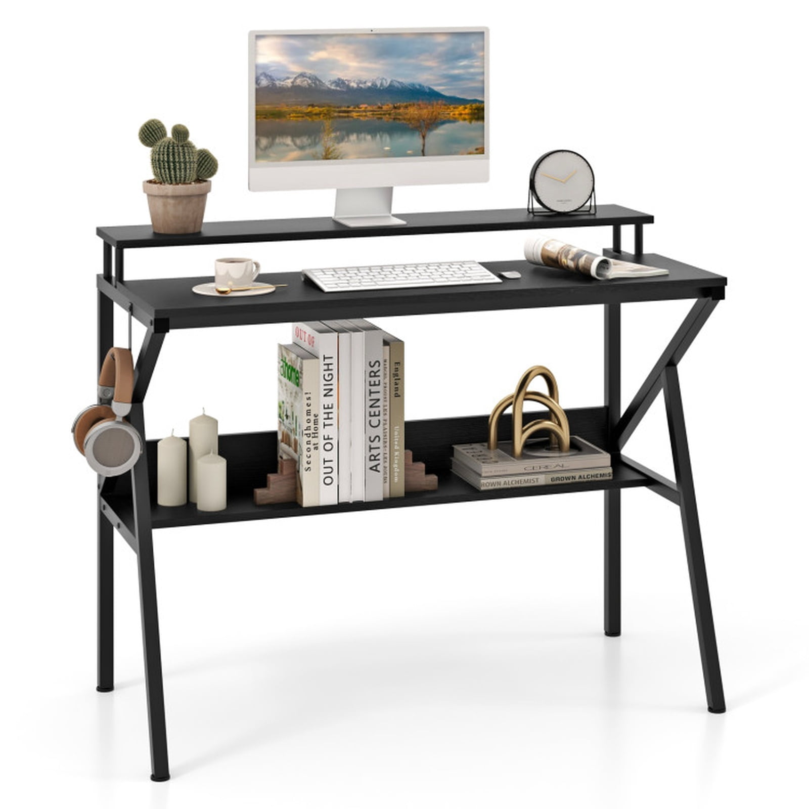 Furnibear Small Computer Desk with Monitor Stand and Storage Shelf, Space Saving Study Writing Desk for Home Office Work, Black