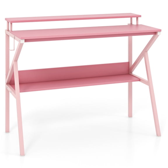 Furnibear Space Saving Computer Desk with Monitor Stand and Extra Storage Shelf for Work Study, Pink
