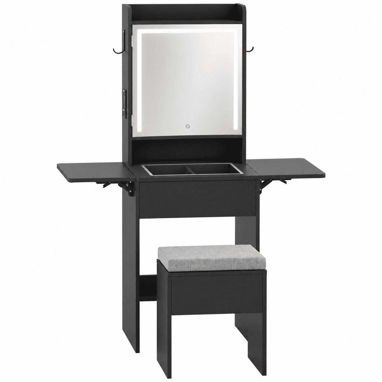 Furnibear Space-Saving Vanity Desk with Mirror and Lights, Foldable Makeup Vanity Table and Storage Stool with Charging Station for Bedroom, Black