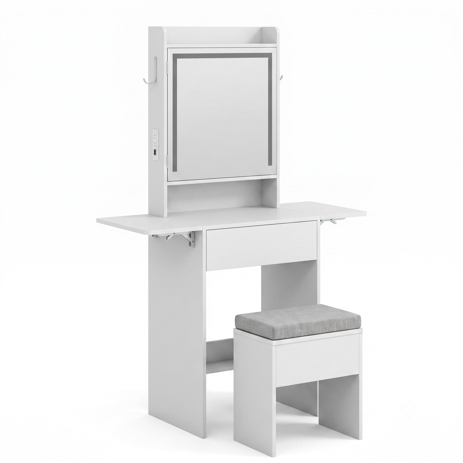Furnibear Space Saving Vanity Desk with Foldable Drop Leaf Tables and LED Lighted Mirror and Storage Stool for Small Bedroom,White