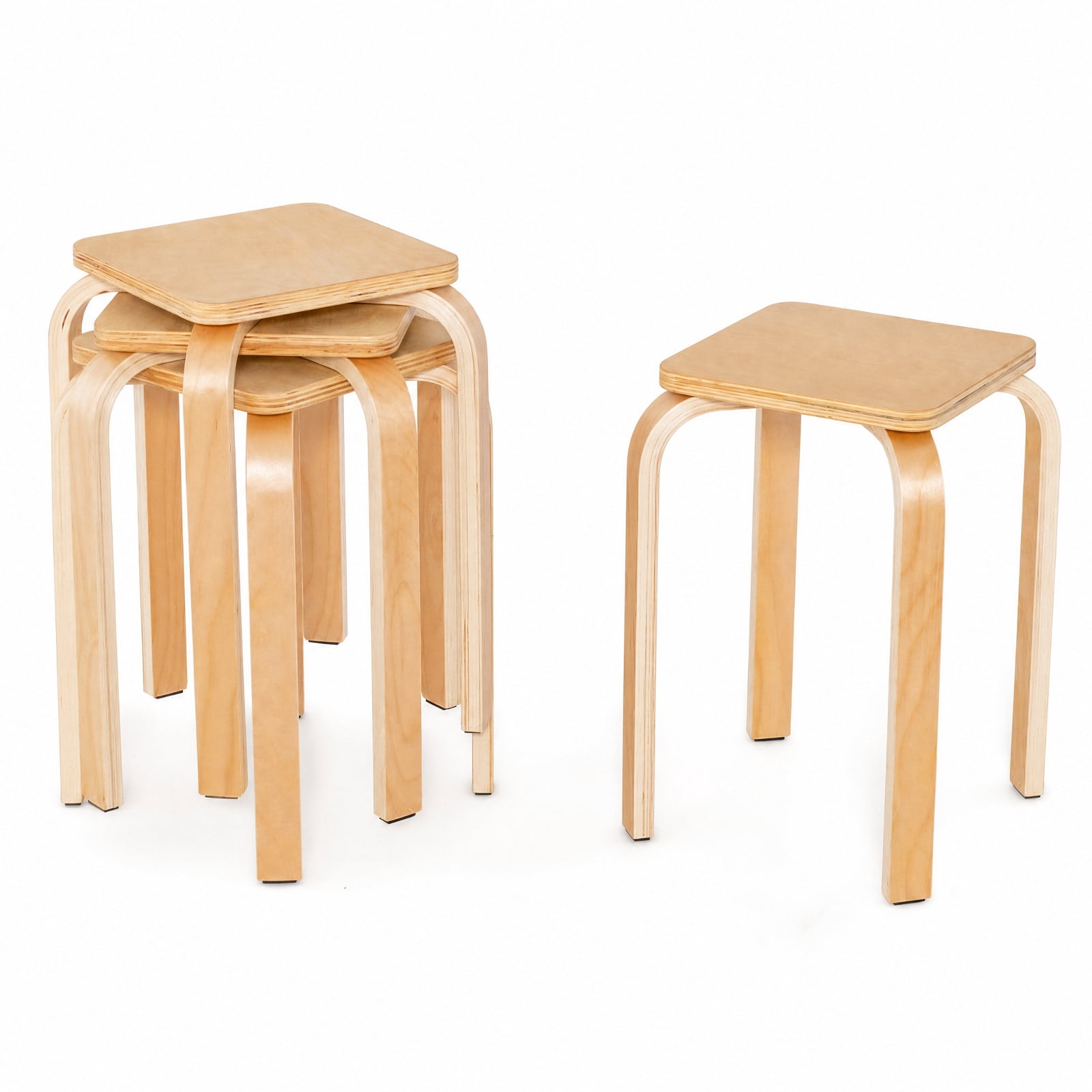 Furnibear Stackable Wood Stools Set of 4 with Square Top and Rounded Corners in Natural