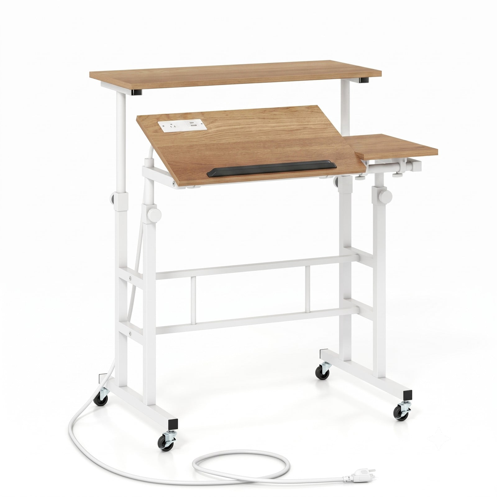 Furnibear Standing Up Desk Adjustable Mobile Computer Workstation with 2 Tilting Desktops, Rolling Sit Stand Table with Charging Station, USB & Type-C Ports, Natural