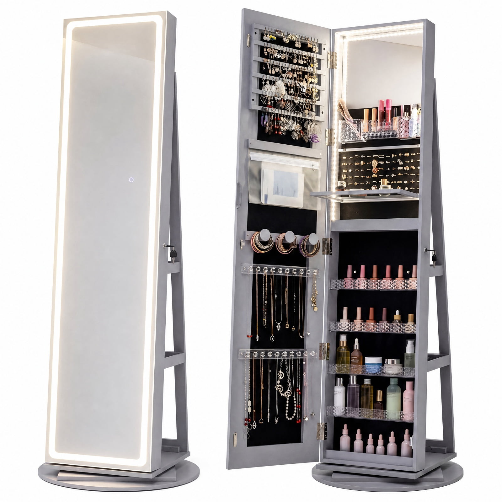 Furnibear Standing Jewelry Cabinet with Adjustable LED Lights for Bedroom Dressing Room Jewelry Necklace Rings Storage Mirror, Gray