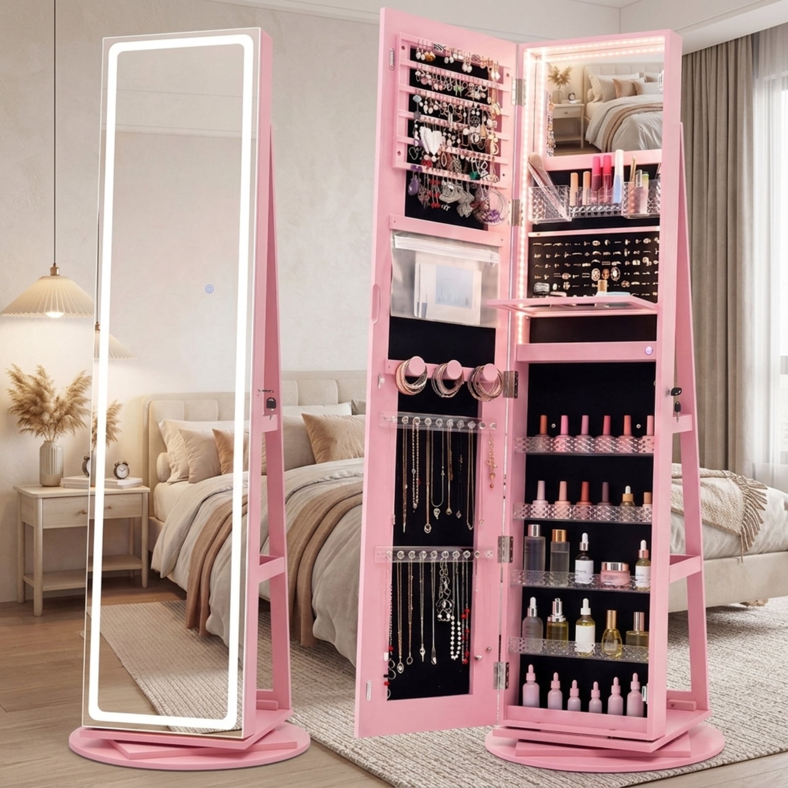 Furnibear Standing Jewelry Cabinet with Adjustable LED Lights for Bedroom Dressing Room Jewelry Necklace Rings Storage Mirror, Pink