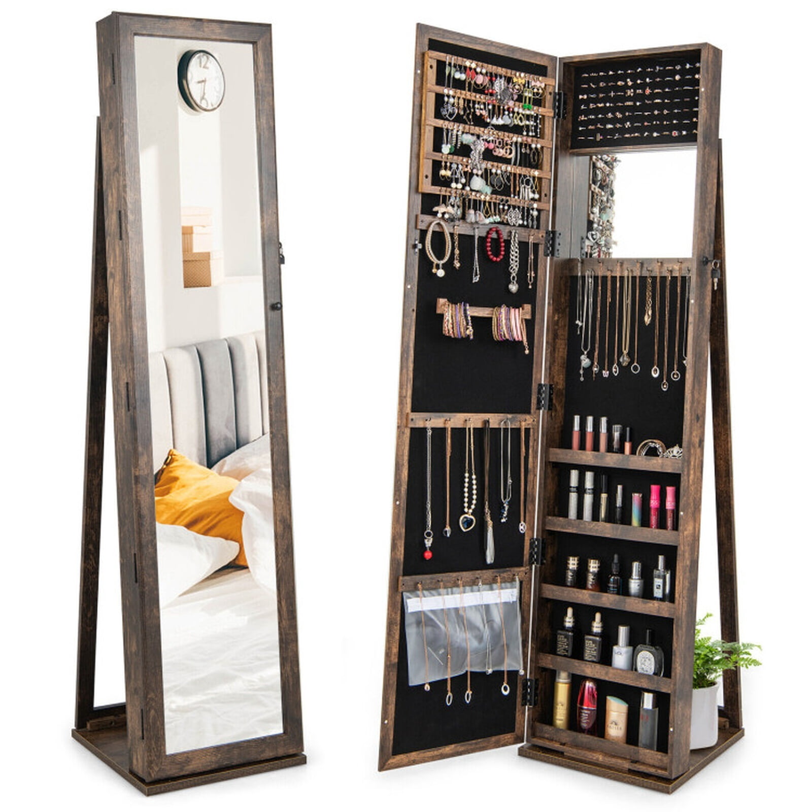 Furnibear Standing Lockable Jewelry Storage Organizer with Full-Length Mirror for Bedroom Dressing Room Jewelry Necklace Rings Storage Mirror, Brown