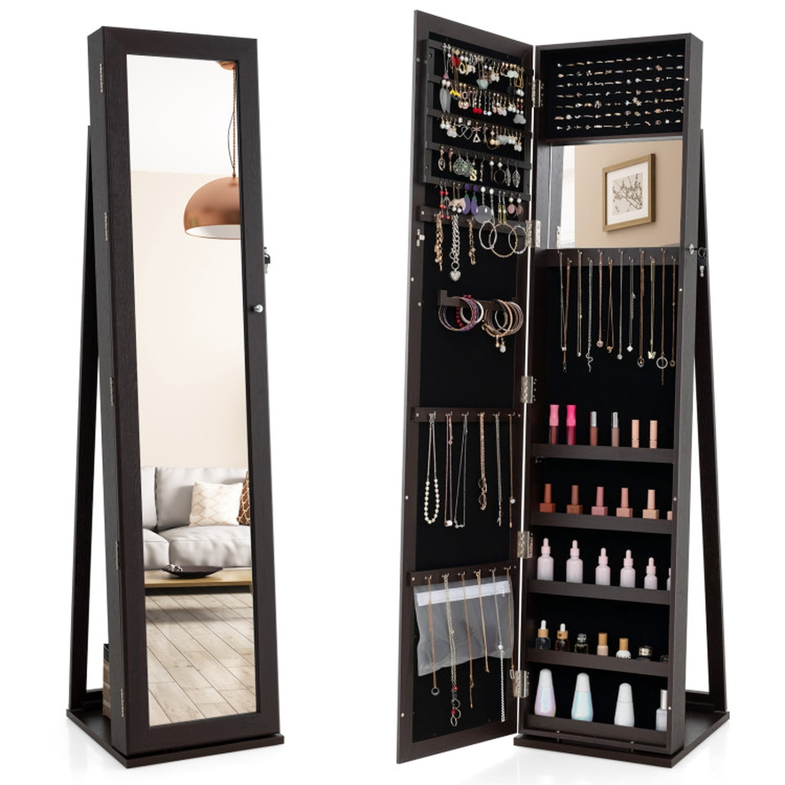 Furnibear Standing Lockable Jewelry Storage Organizer with Full-Length Mirror for Bedroom Dressing Room Jewelry Necklace Rings Storage Mirror, Coffee