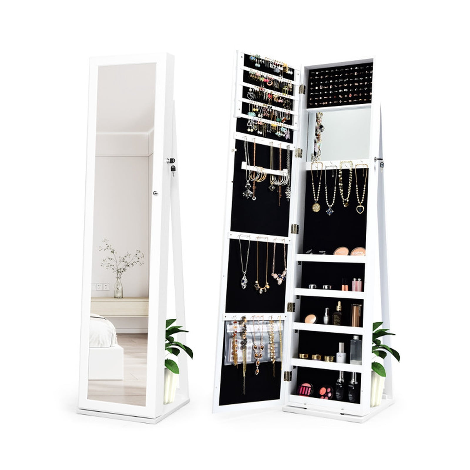 Furnibear Standing Lockable Jewelry Storage Organizer with Full-Length Mirror for Bedroom Dressing Room Jewelry Necklace Rings Storage Mirror, White