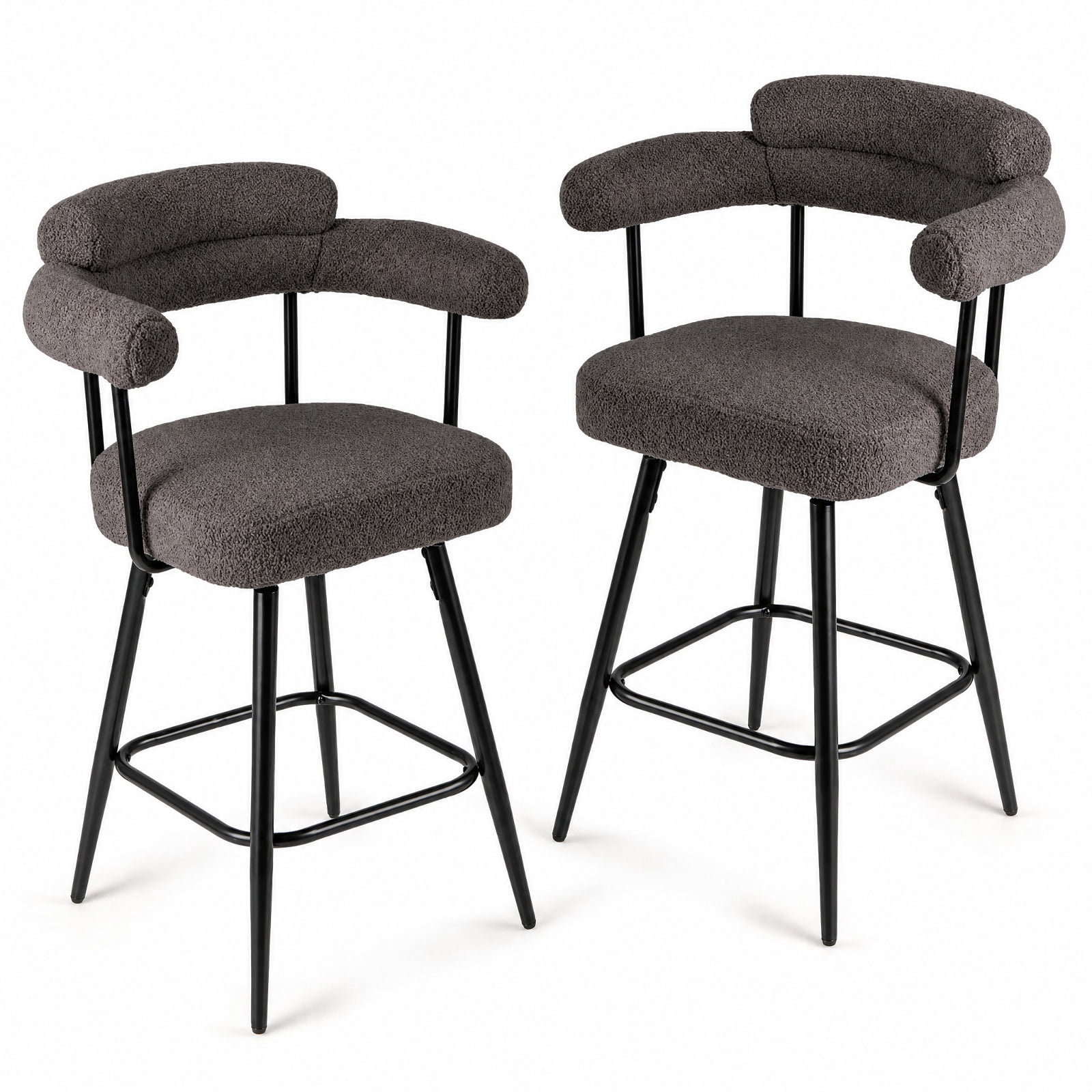Furnibear Swivel Bar Stool Set of 2 Counter Height Chairs with Curved Back and Arms for Kitchen Island Counter Bar Pub Dining Home, Grey