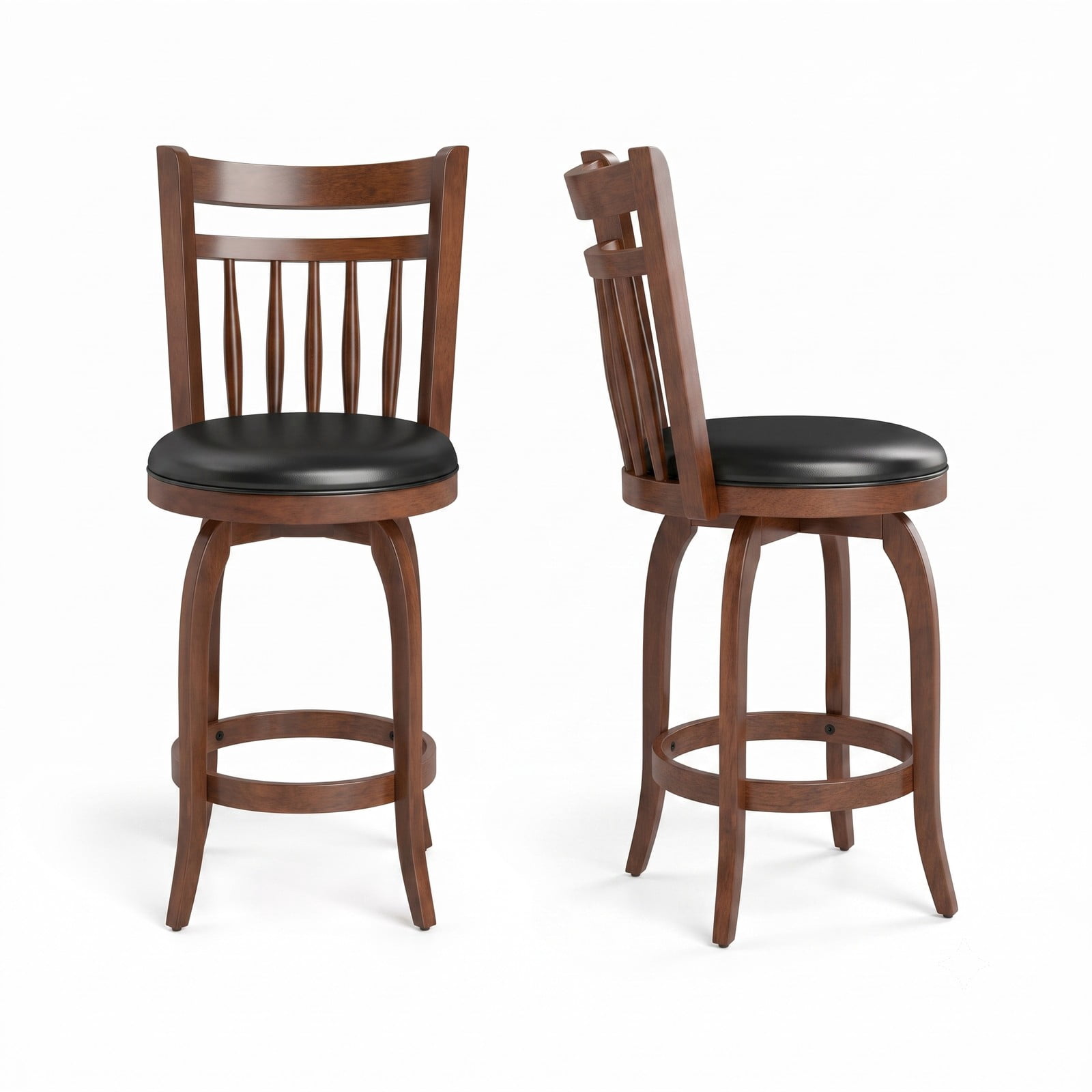 Furnibear Swivel Bar Stools Set of 2, 24 Inch Counter Height Faux Leather Upholstered Barstools with Curved Backrest and Footrest for Kitchen, Espresso and Black