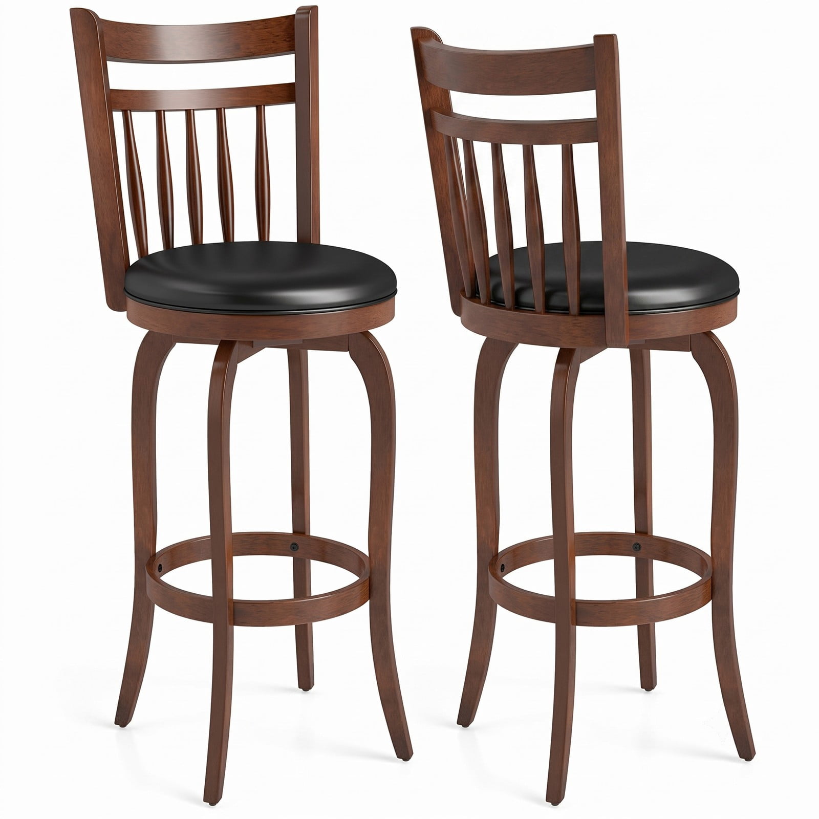 Furnibear Swivel Bar Stools Set of 2, 29 Inch Bar Height Faux Leather Upholstered Barstools with Curved Backrest and Footrest for Kitchen Island, Espresso and Black