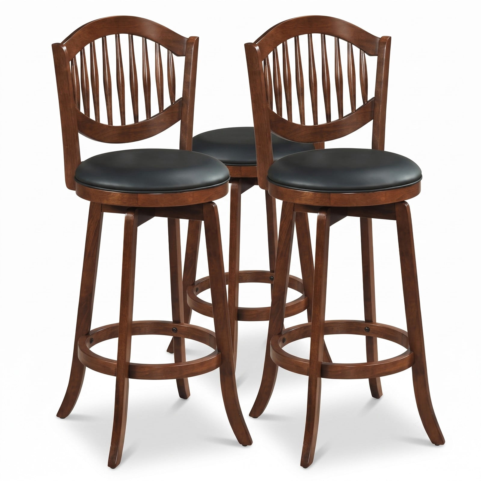 Furnibear Swivel Bar Stools Set of 2, 30 Inch 360 Degree Rotating Barstools with Curved Backrest, Footrest and Solid Rubber Wood Frame, PVC Leather, Espresso and Black