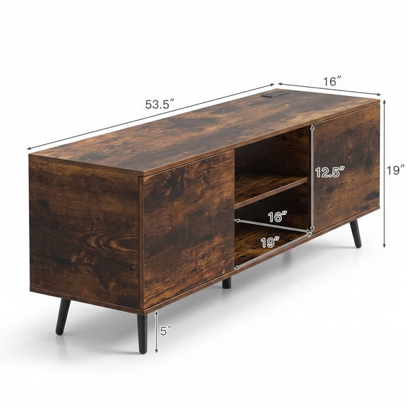 Furnibear TV Stand for TVs up to 60 Inches with 2 AC Outlets, USB-A and USB-C Ports, Adjustable Shelf and Cabinets, Rustic Brown