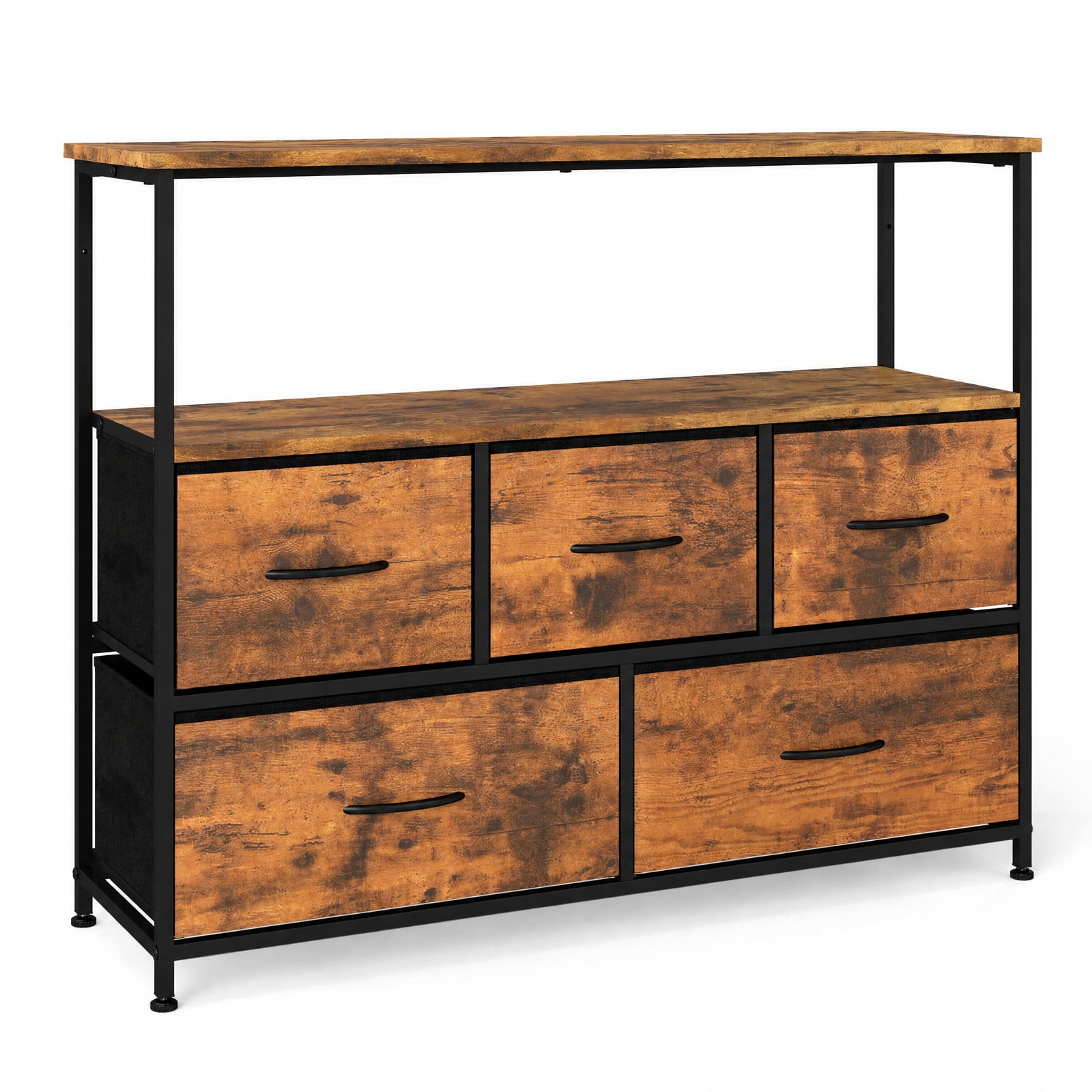 Furnibear TV Stand Dresser Entertainment Center for 45 Inch TV with 5 Fabric Drawers and Open Storage Shelf for Living Room Bedroom, Brown
