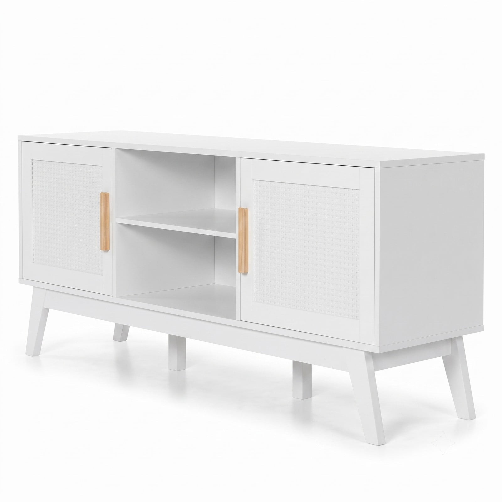 Furnibear TV Stand Entertainment Center Media Console with 2 Rattan Door Cabinets and Open Shelves for TVs up to 65 Inch, Living Room Bedroom Storage Console, White