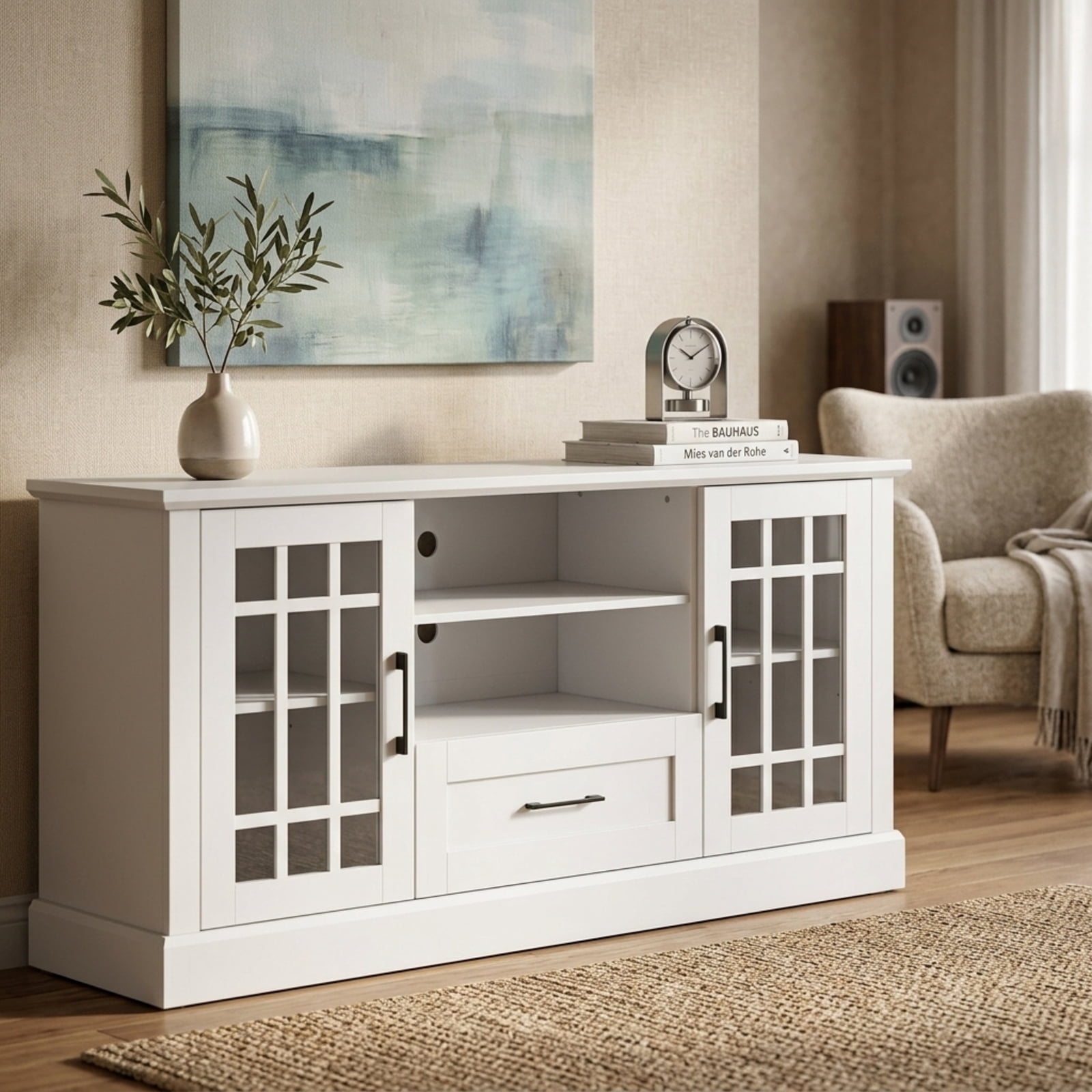 Furnibear TV Stand Entertainment Center for TVs up to 70 Inch with Tempered Glass Doors Cubbies and Drawer for Living Room Media Storage, White