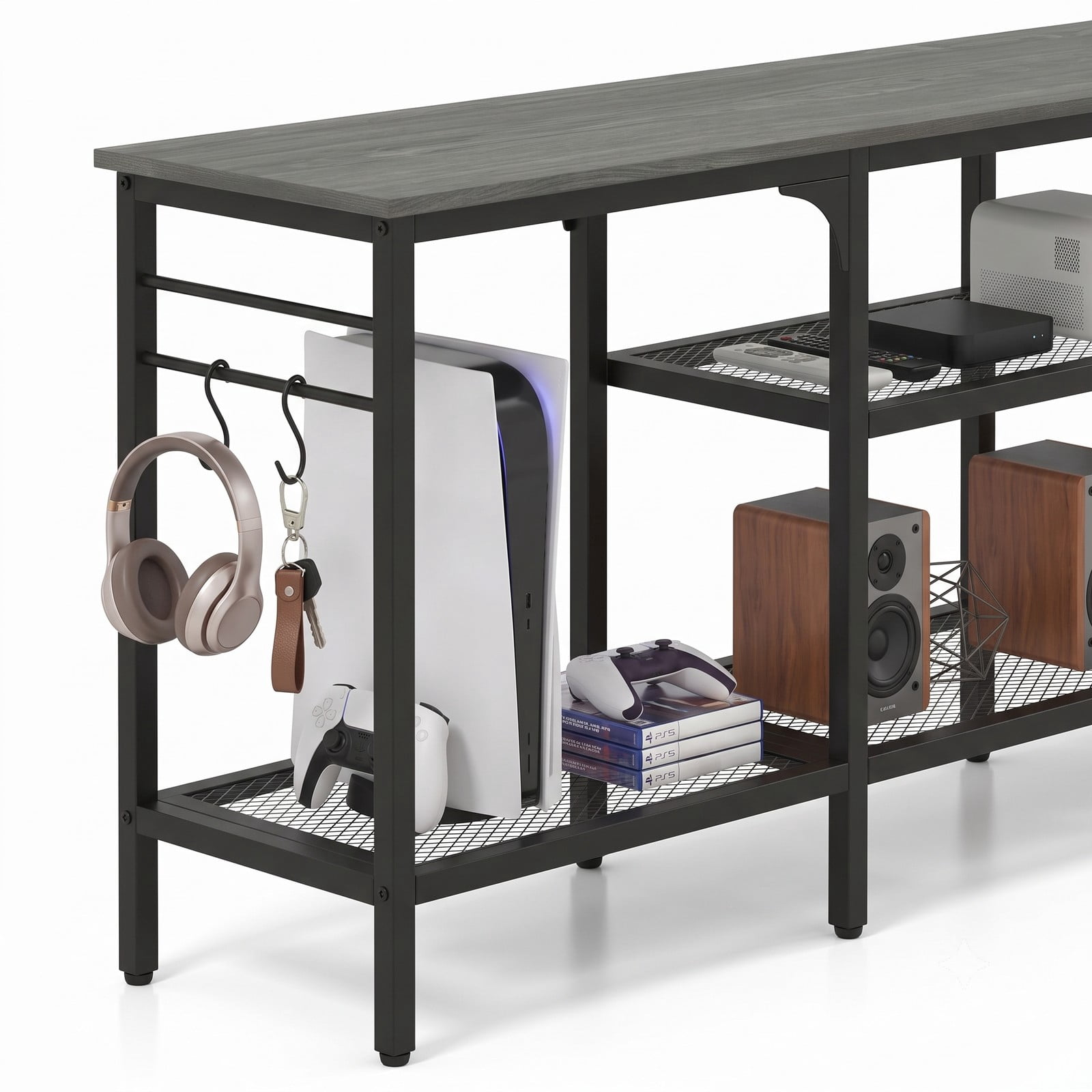 Furnibear TV Stand for TVs up to 65 Inch, 3-Tier Open Shelf Entertainment Center with 4 Hooks, Metal Frame Media Console Table for Living Room Bedroom, Oak & Black
