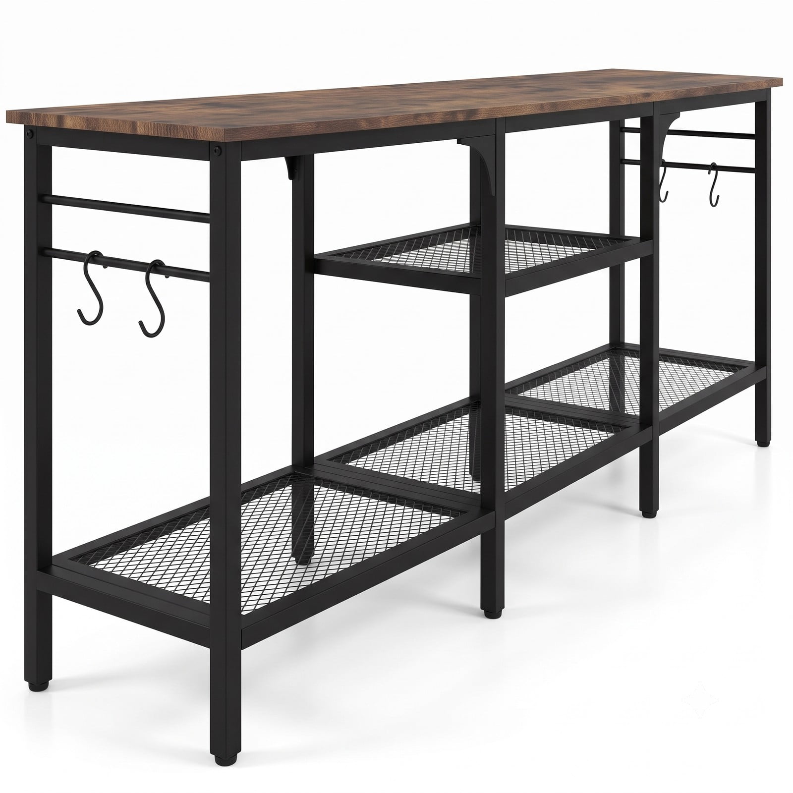 Furnibear TV Stand for TVs up to 65 Inch, 3-Tier Open Shelf Media Console with 4 Hooks, Metal Frame Entertainment Center for Living Room Bedroom, Rustic Brown & Black