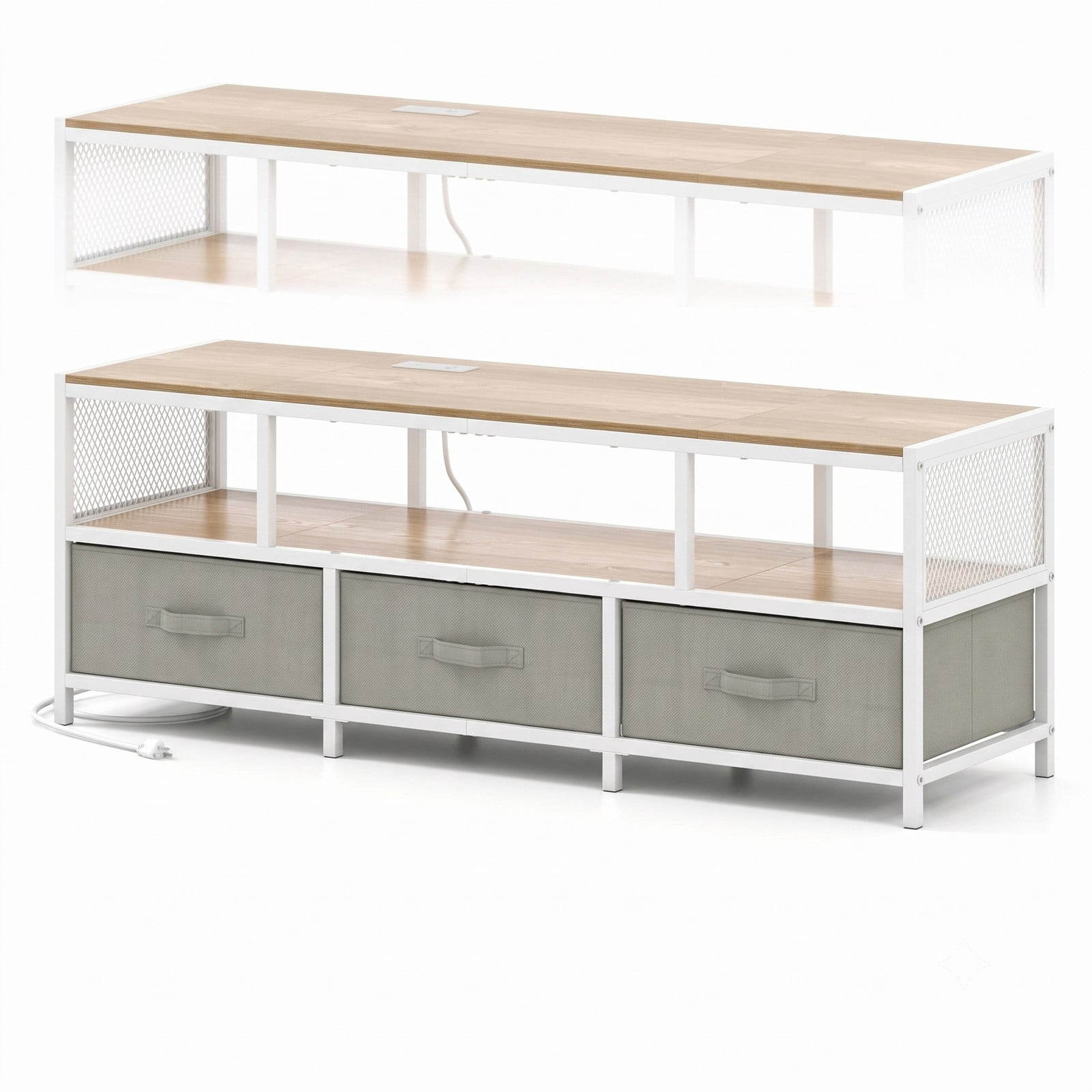 Furnibear TV Stand for TVs up to 65 Inches, Entertainment Center with Power Outlets USB Type-C Charging Station, 3-Tier Media Console with 3 Fabric Drawers, Natural