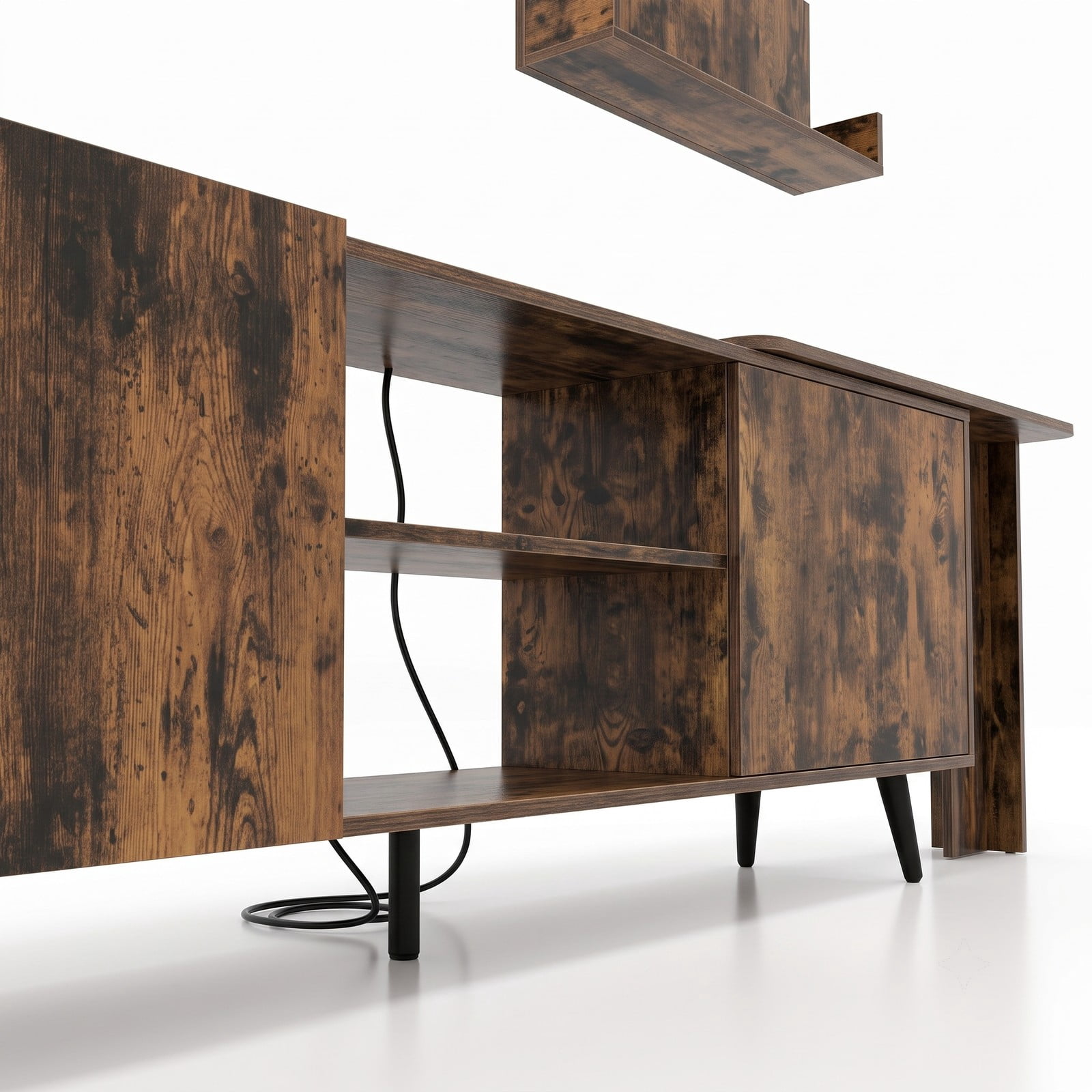 Furnibear TV Stand for TVs up to 85 Inch with Charging Station, Wood Entertainment Center Media Console with 2 Cabinets and 2 Wall Shelves for Living Room, Rustic Brown