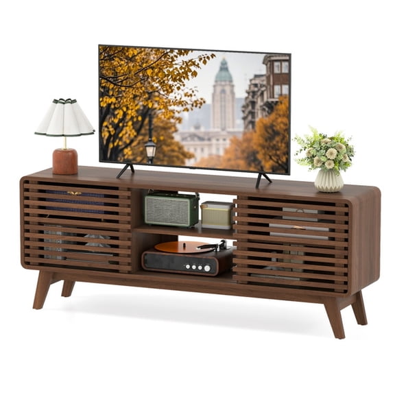 Furnibear TV Stand for 65 Inch TV, Entertainment Center with Sliding Doors and Adjustable Shelves, Walnut