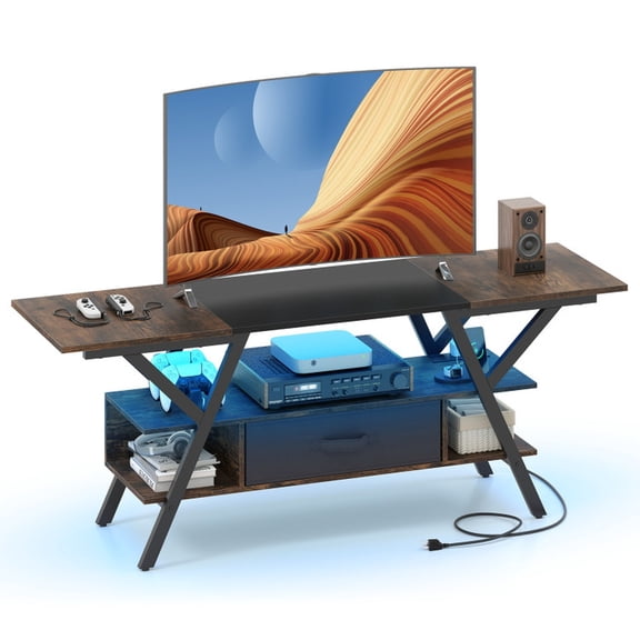 Furnibear TV Stand for 65 Inch TV with Power Outlets and LED Lights, Entertainment Center with Storage, Rustic Brown