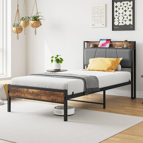 Furnibear TWIN SIZE Bed Frame with Storage Headboard and USB Charging Station, Sturdy Shake-Free Platform, No Box Spring Needed, Easy Tool-Free Assembly