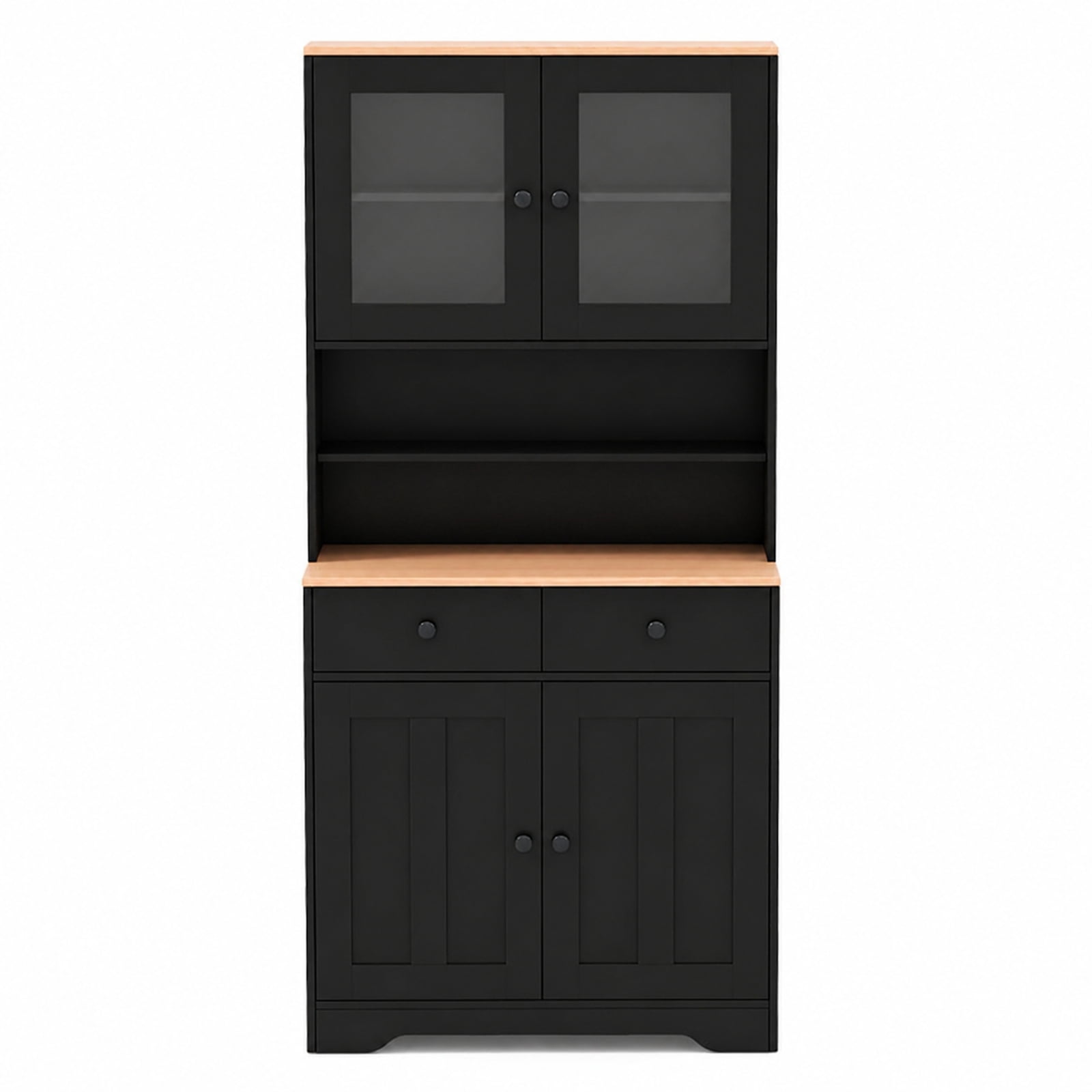 Furnibear Tall Kitchen Pantry Cabinet with Glass Doors 2 Drawers Adjustable Shelves and Countertop Freestanding Storage Cabinet for Kitchen, Black