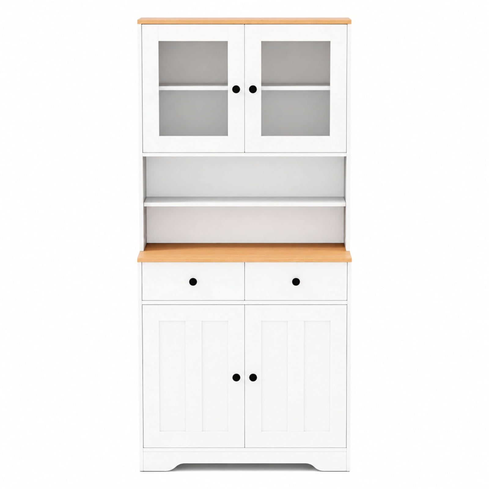 Furnibear Tall Kitchen Pantry Cabinet with Glass Doors 2 Drawers Adjustable Shelves and Countertop Freestanding Storage Cabinet for Kitchen, White