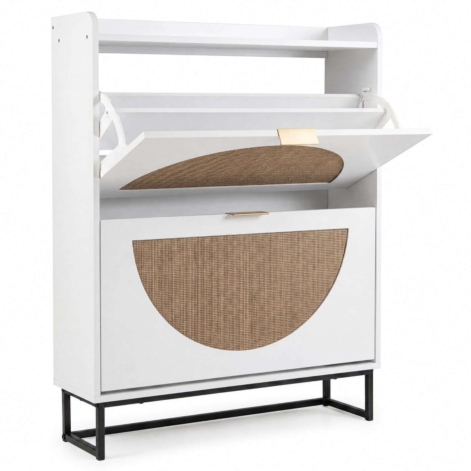 Furnibear Tall Narrow Shoe Storage Cabinet with 2 Flip Drawers Adjustable Removable Shelves and Faux Rattan Doors for Entryway and Apartment, White