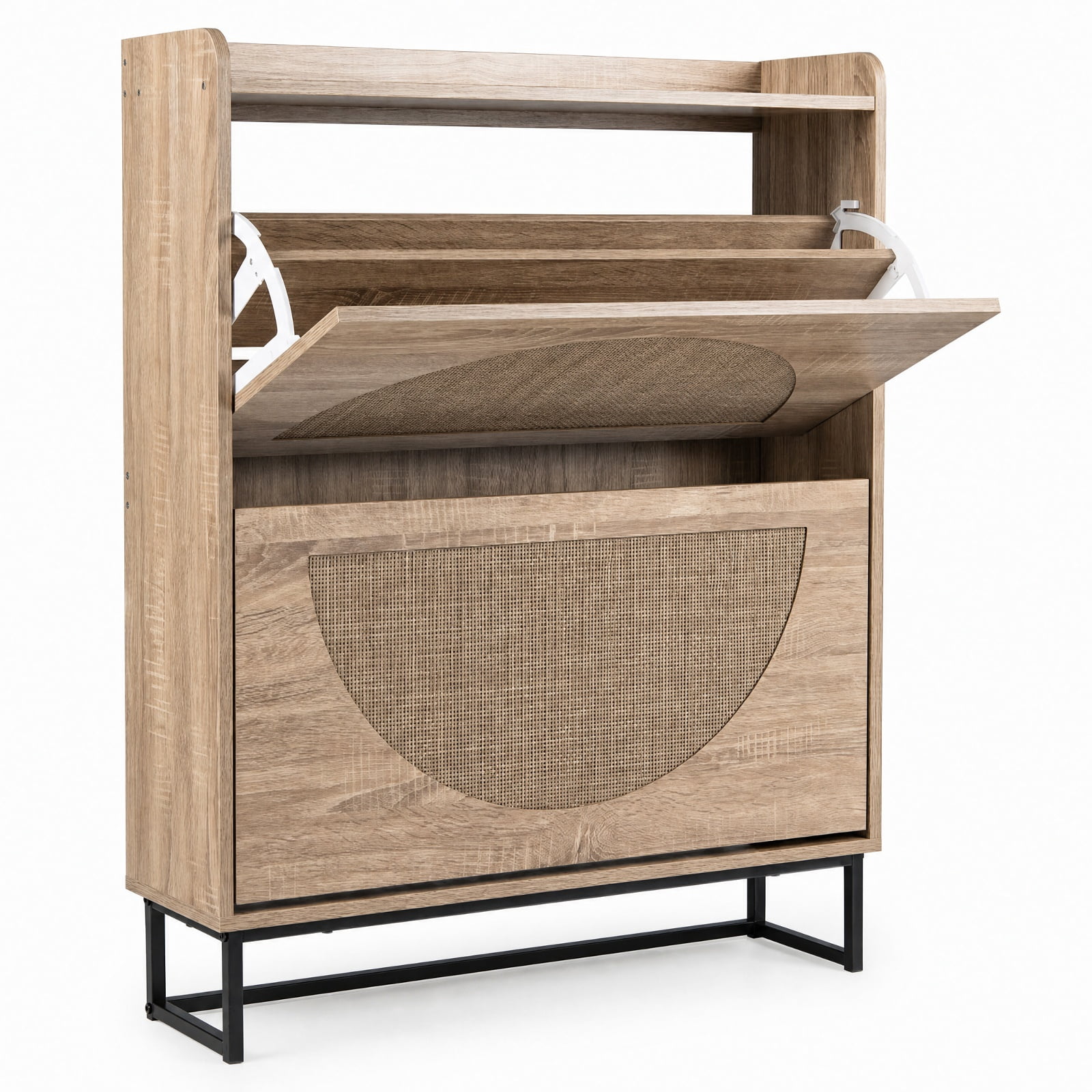 Furnibear Tall Narrow Shoe Storage Cabinet with 2 Flip Drawers Adjustable Removable Shelves and Faux Rattan Doors for Entryway and Hallway, Natural