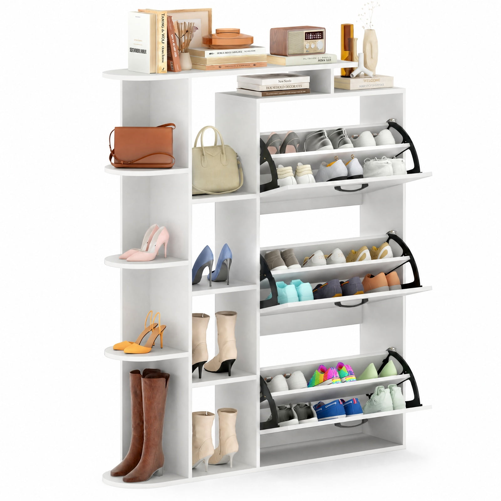 Furnibear Tall Shoe Cabinet with Open Shelves and 3 Flip Drawers Modern Freestanding Shoe Storage Organizer for Entryway Hallway, White