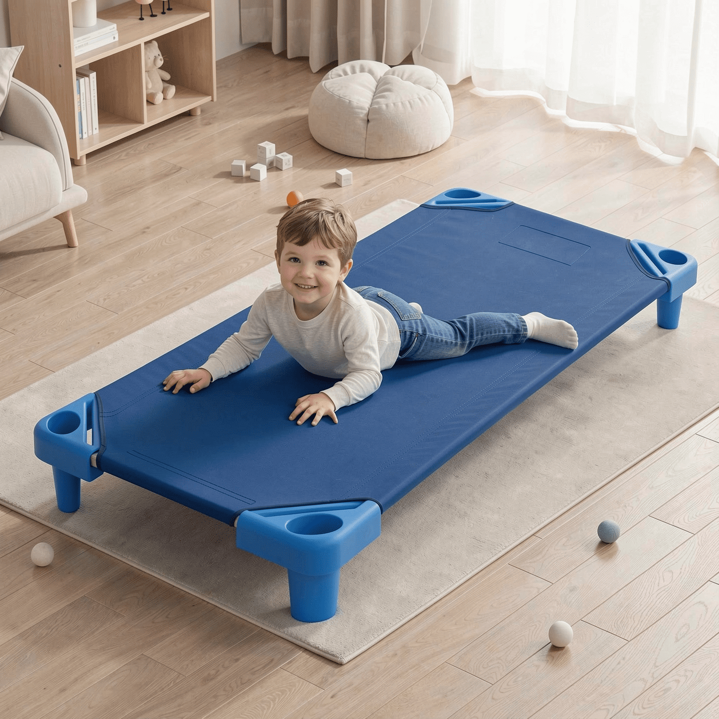 Furnibear Toddler Bed 52 x 23 Inch Pack of 6 Kids Stackable Daycare Rest Mat, Blue